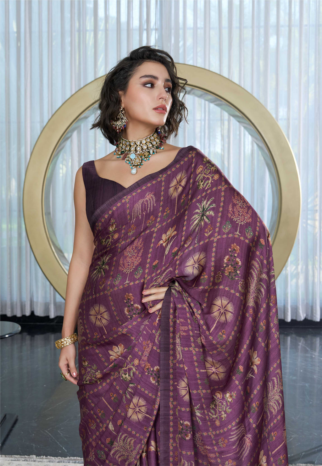 Sheen Botanical Plum Purple Saree