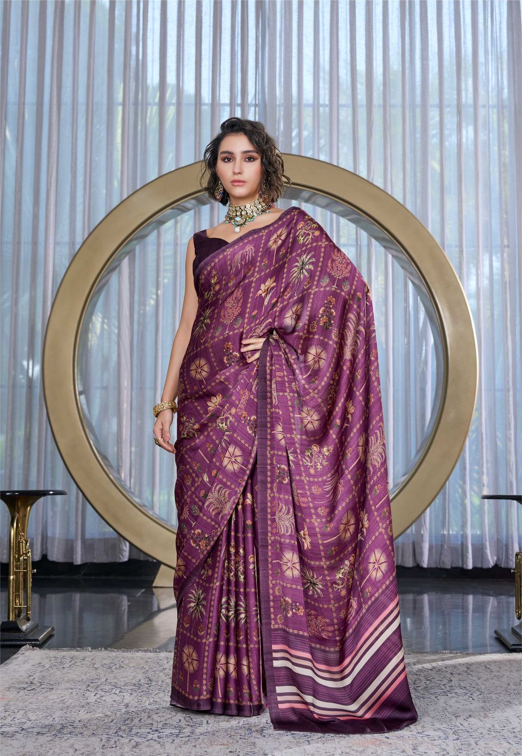 Sheen Botanical Plum Purple Saree