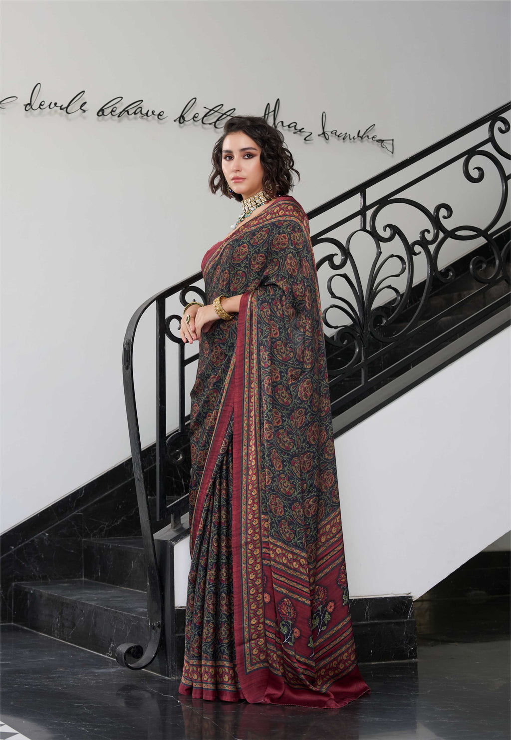 Sheen Botanical Rust Maroon Saree