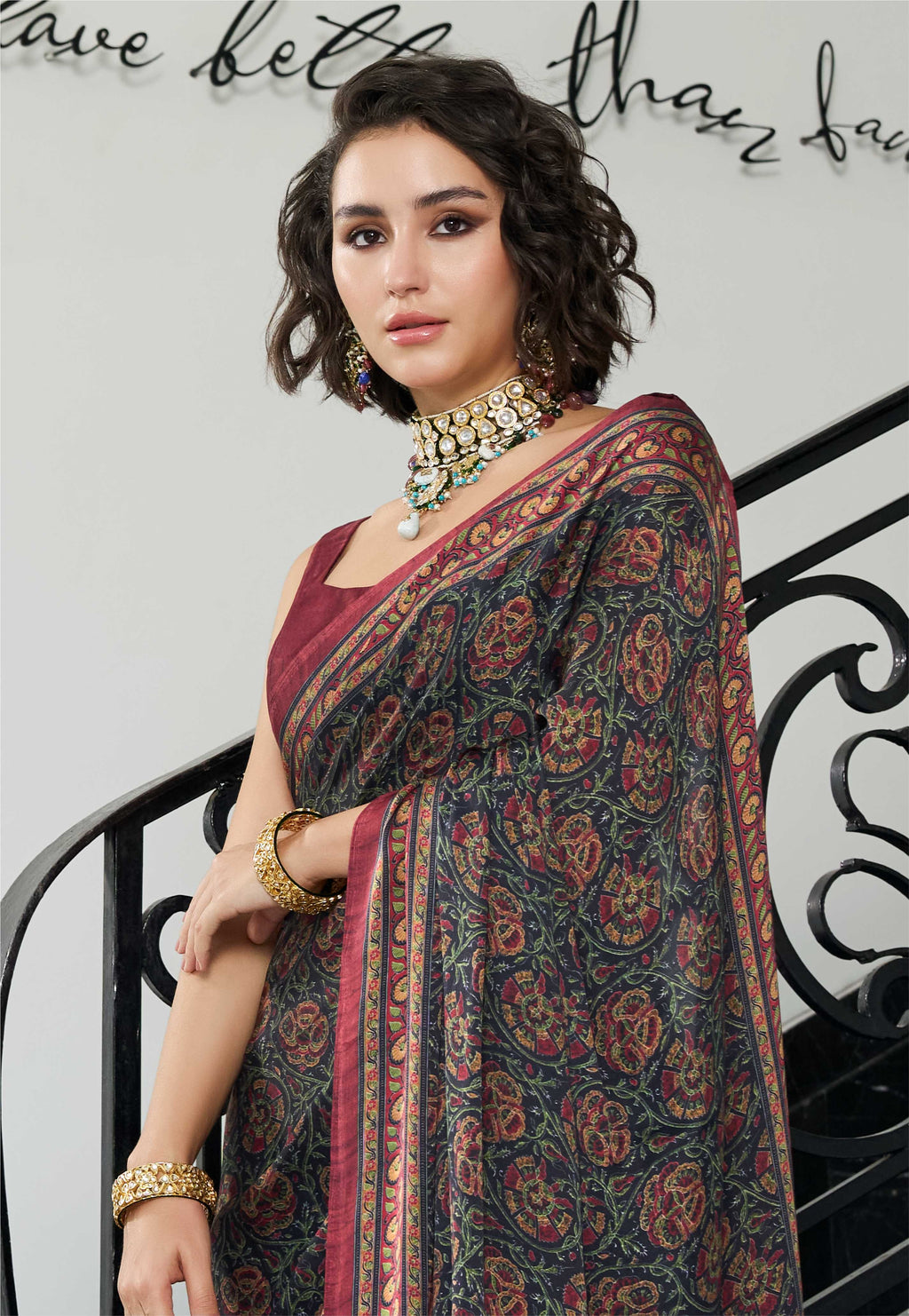 Sheen Botanical Rust Maroon Saree