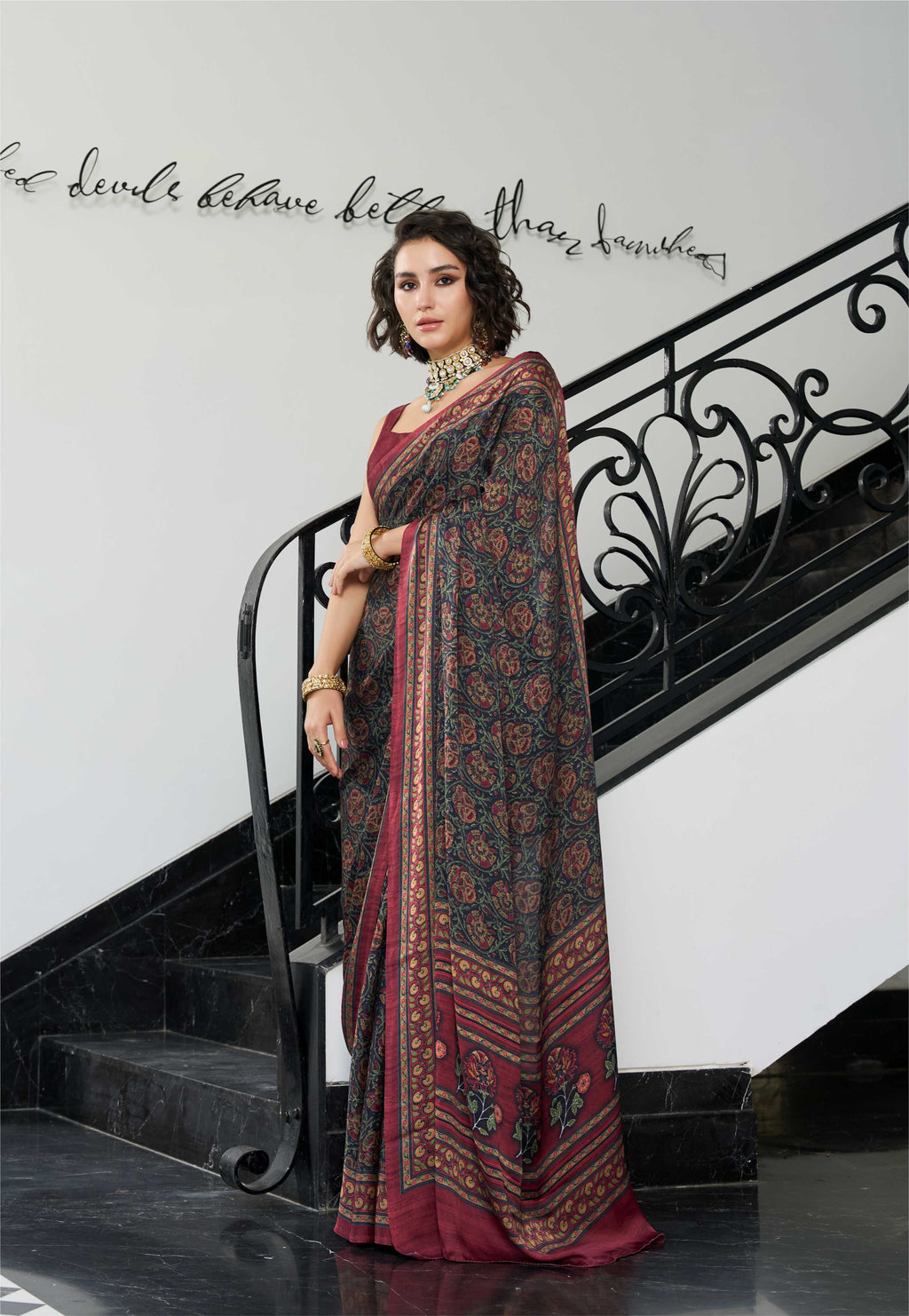 Sheen Botanical Rust Maroon Saree