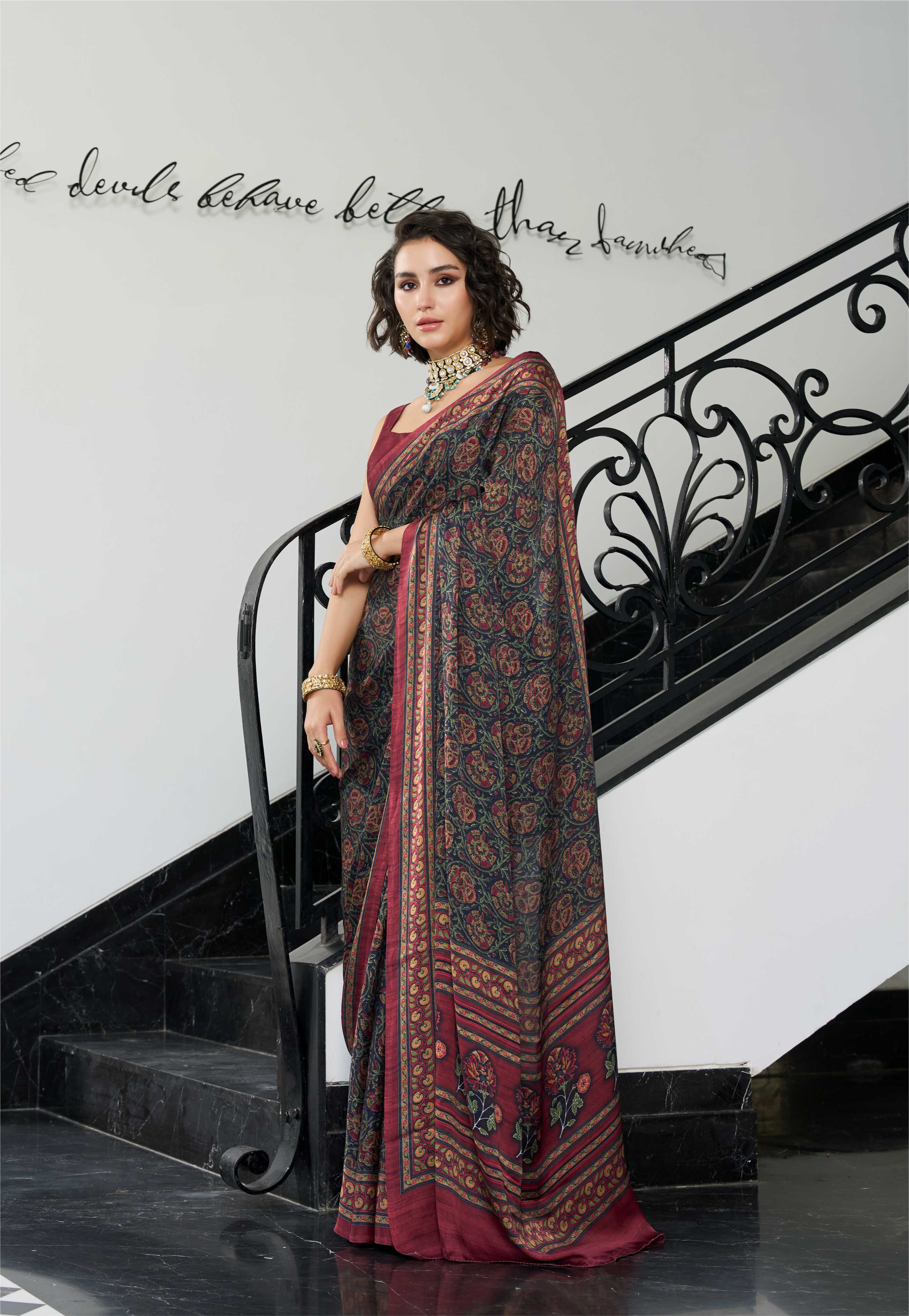 Sheen Botanical Rust Maroon Saree