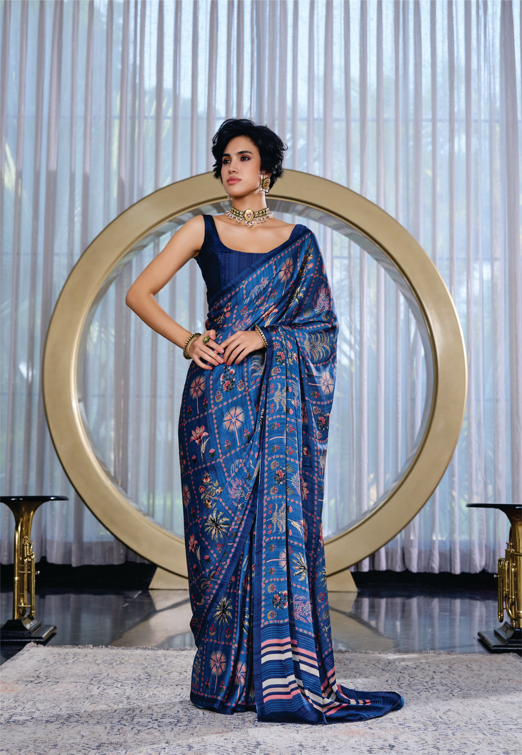 Sheen Botanical Slate Blue Saree