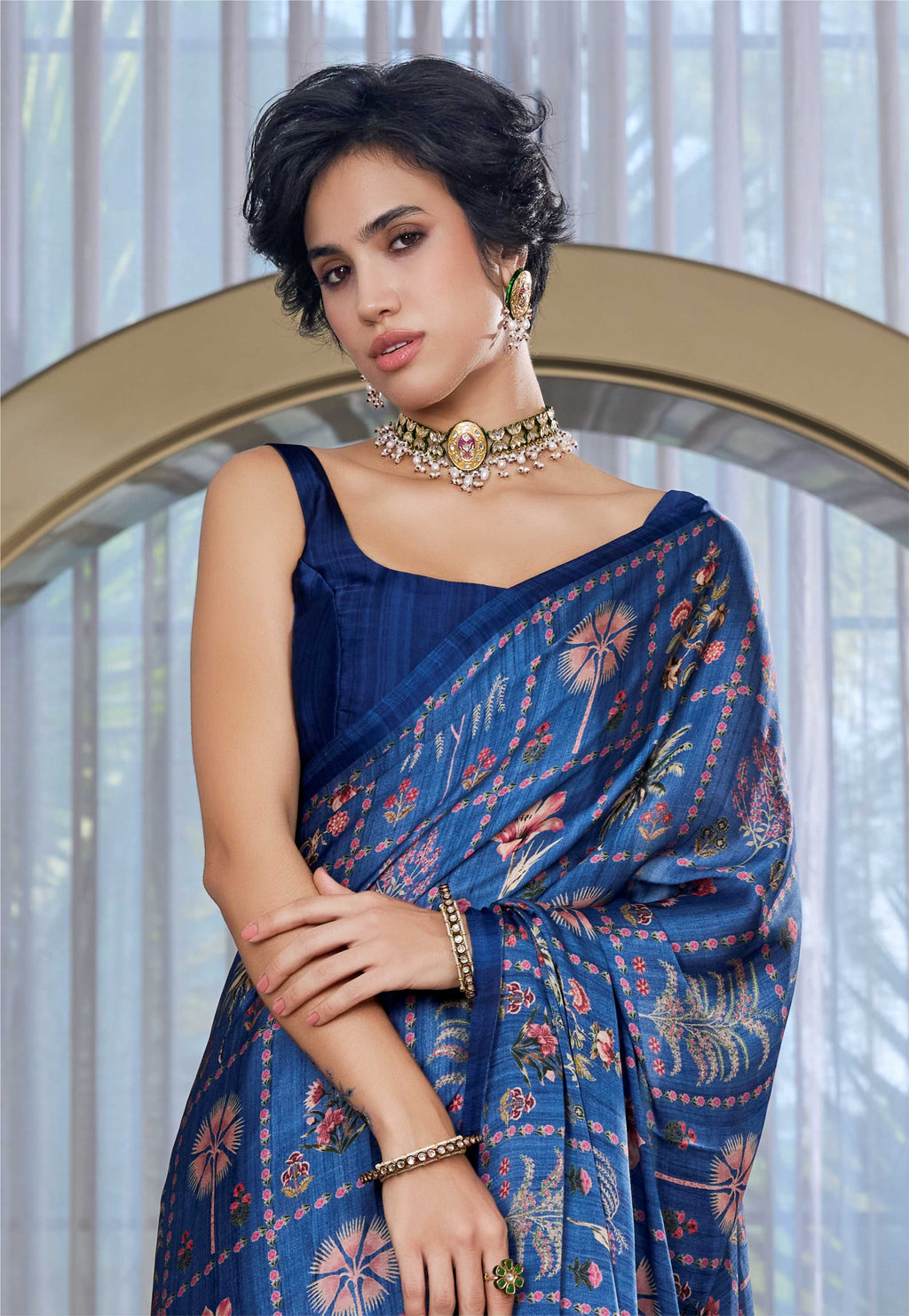 Sheen Botanical Slate Blue Saree