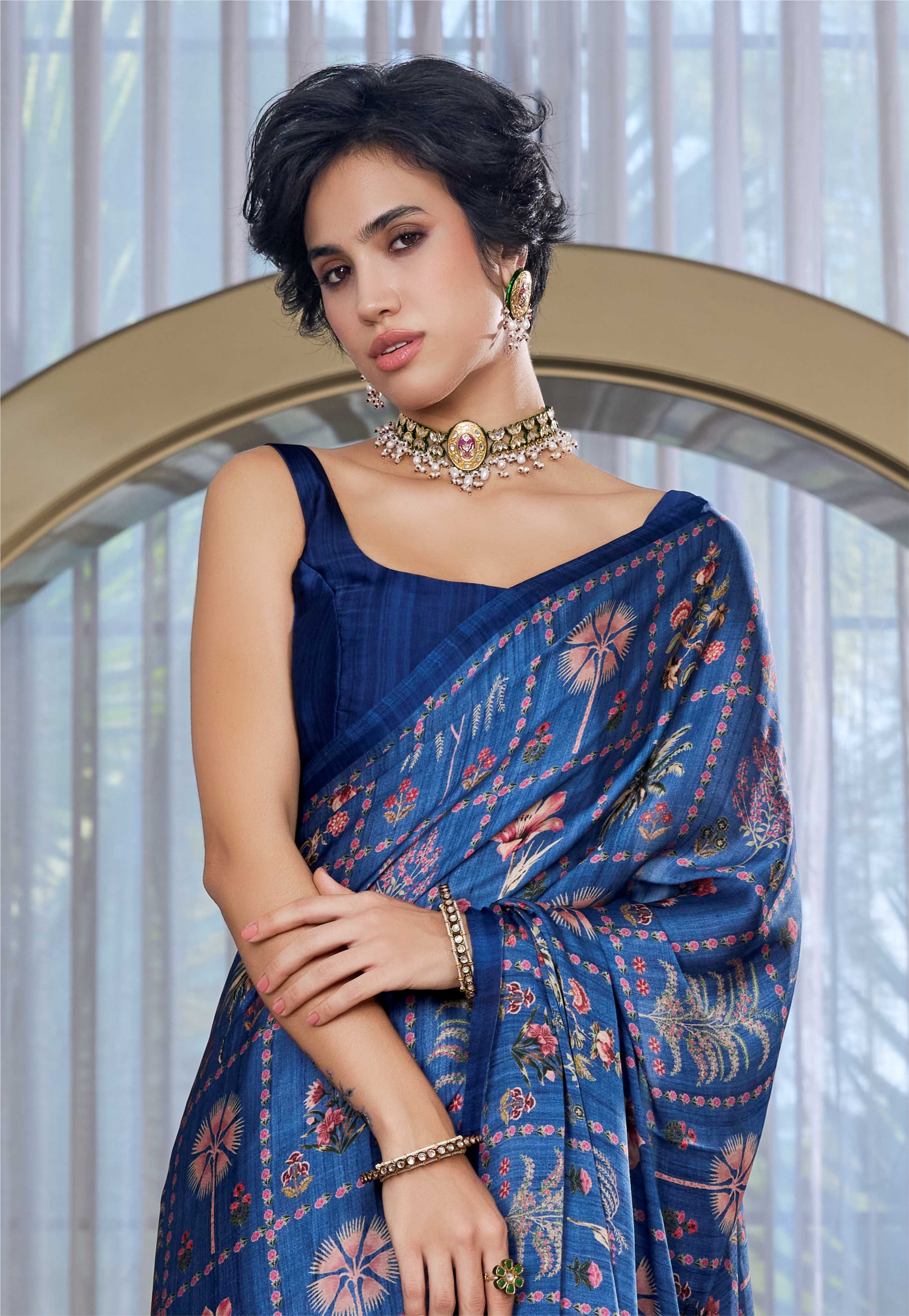 Sheen Botanical Slate Blue Saree