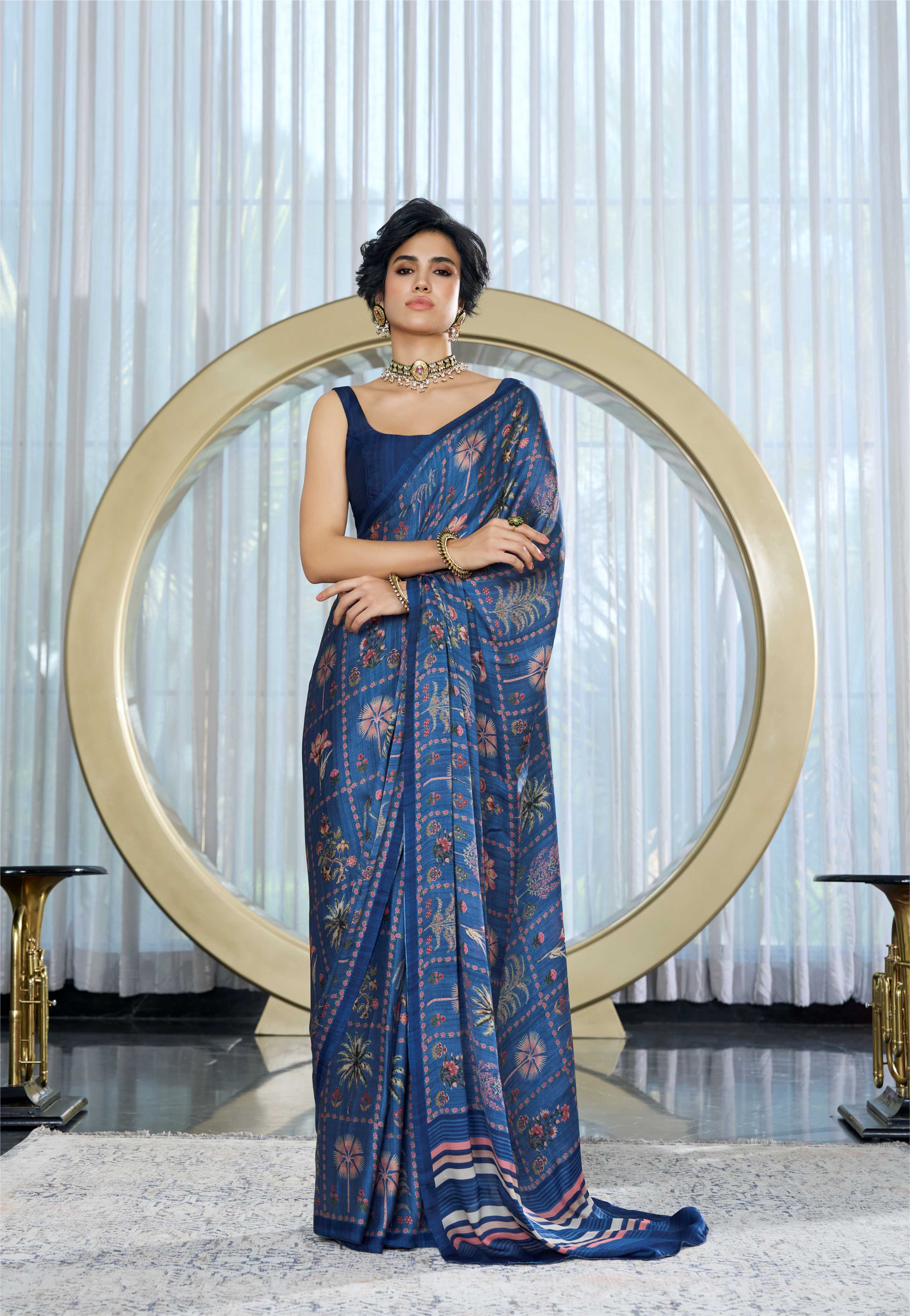 Sheen Botanical Slate Blue Saree