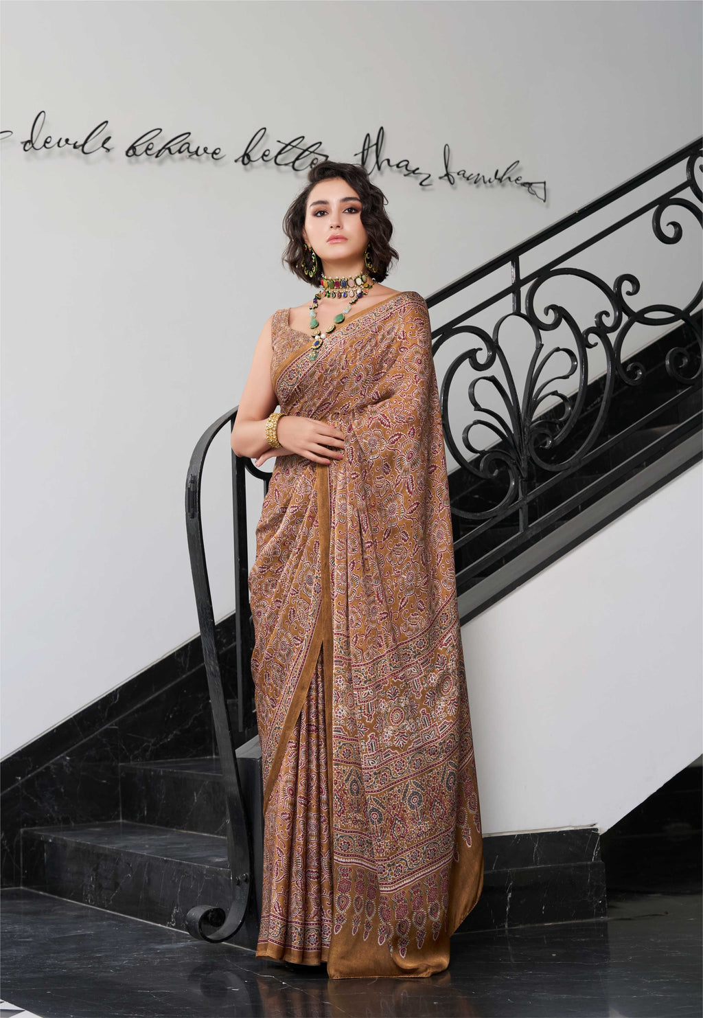 Sheen Ethnic Motif Earthy Khaki Saree