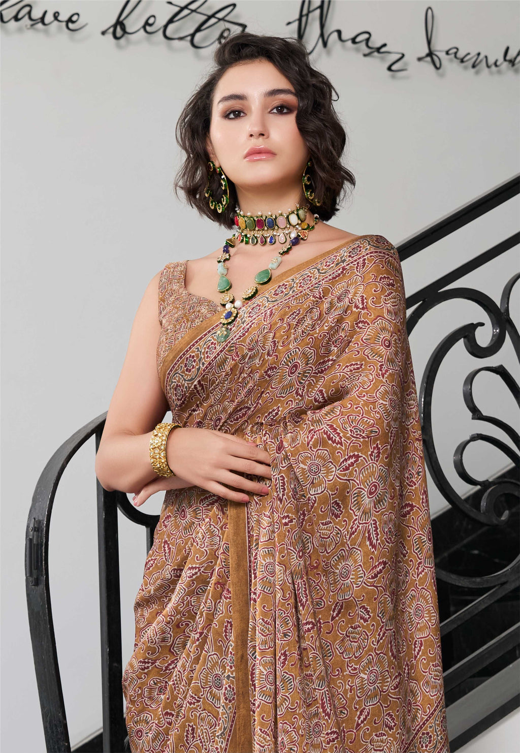 Sheen Ethnic Motif Earthy Khaki Saree
