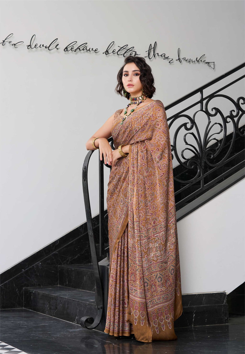 Sheen Ethnic Motif Earthy Khaki Saree