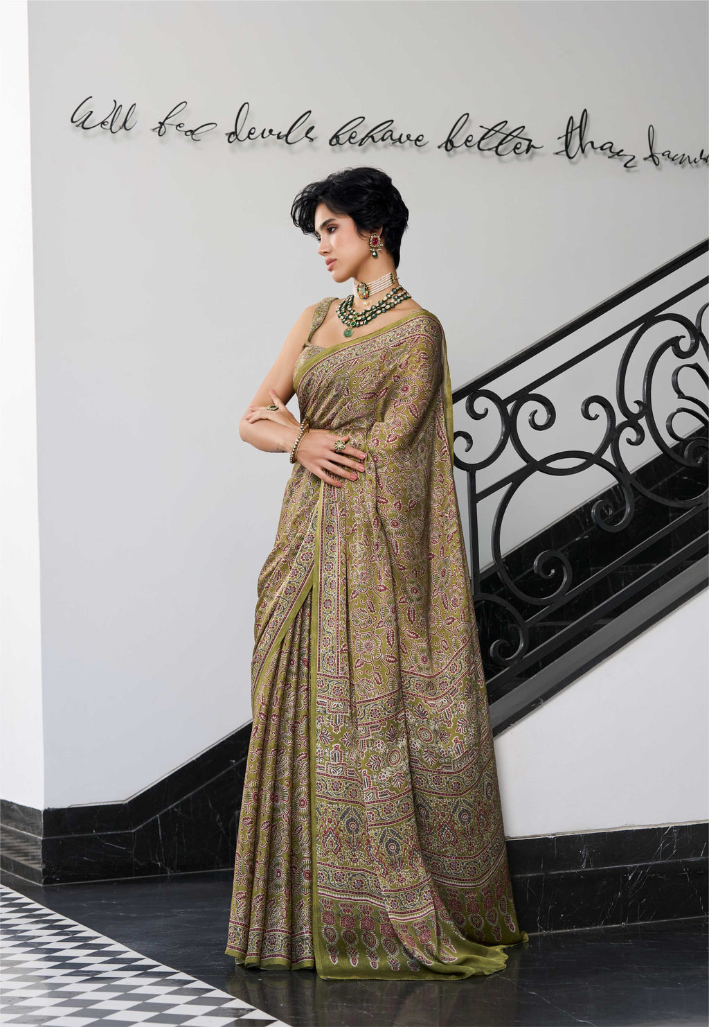 Modal Silk Ethnic Motif Moss Green Saree