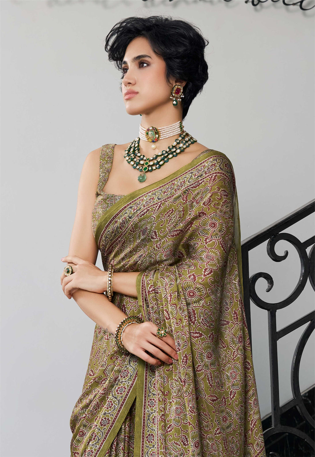 Modal Silk Ethnic Motif Moss Green Saree