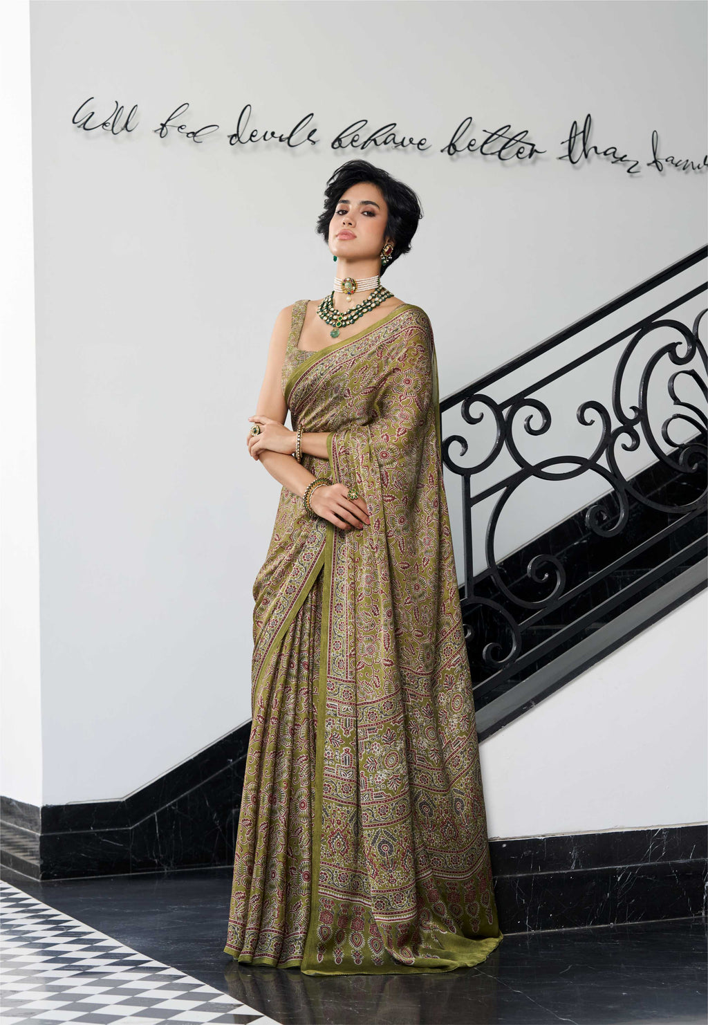 Modal Silk Ethnic Motif Moss Green Saree