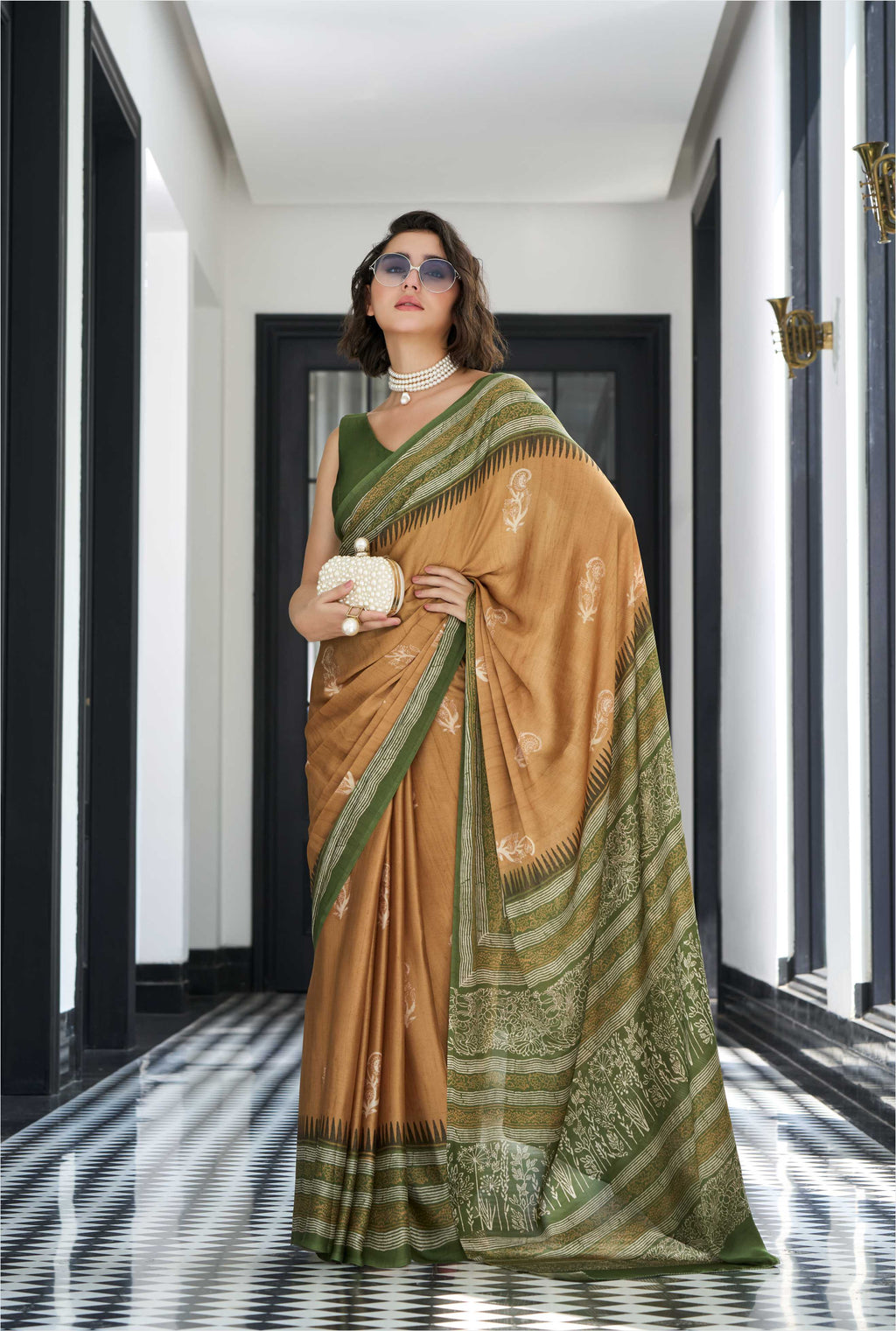 Modal Silk Ethnic Motif Olive Gold Saree