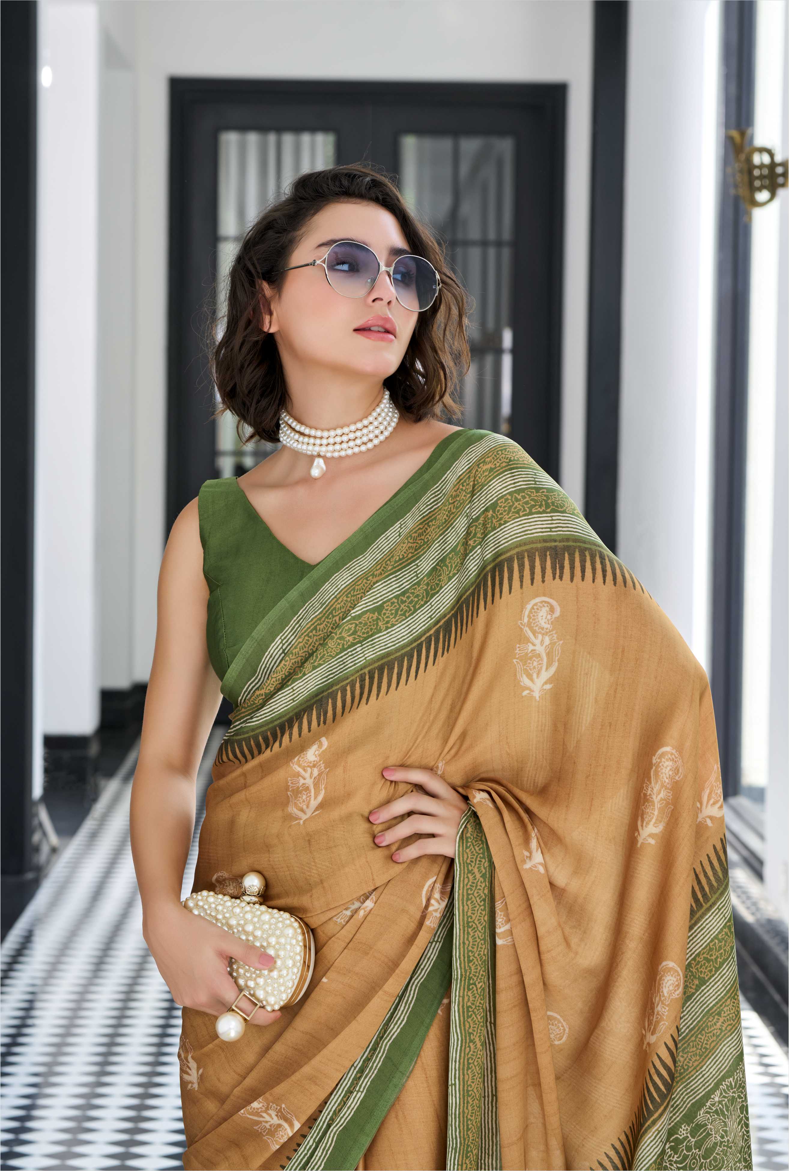 Modal Silk Ethnic Motif Olive Gold Saree