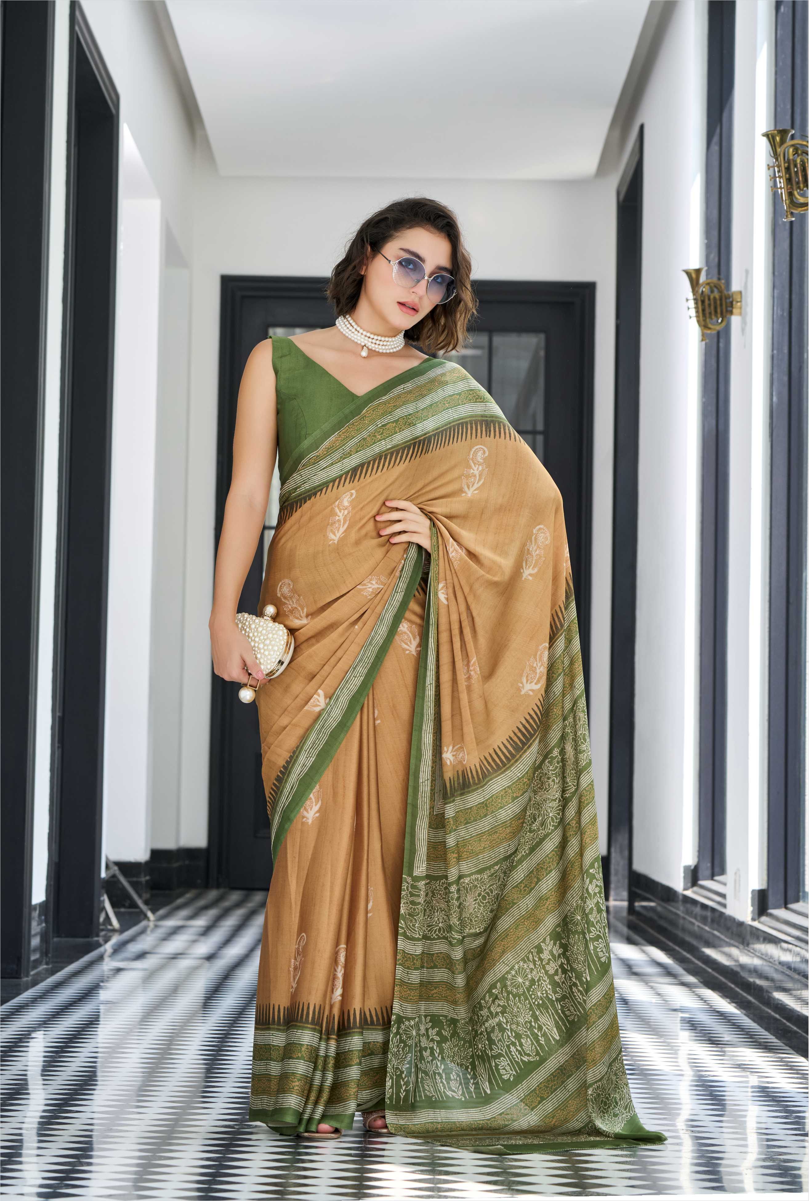 Sheen Ethnic Motif Olive Gold Saree