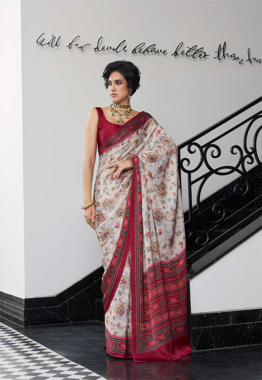 Sheen Floral Ivory Red Saree