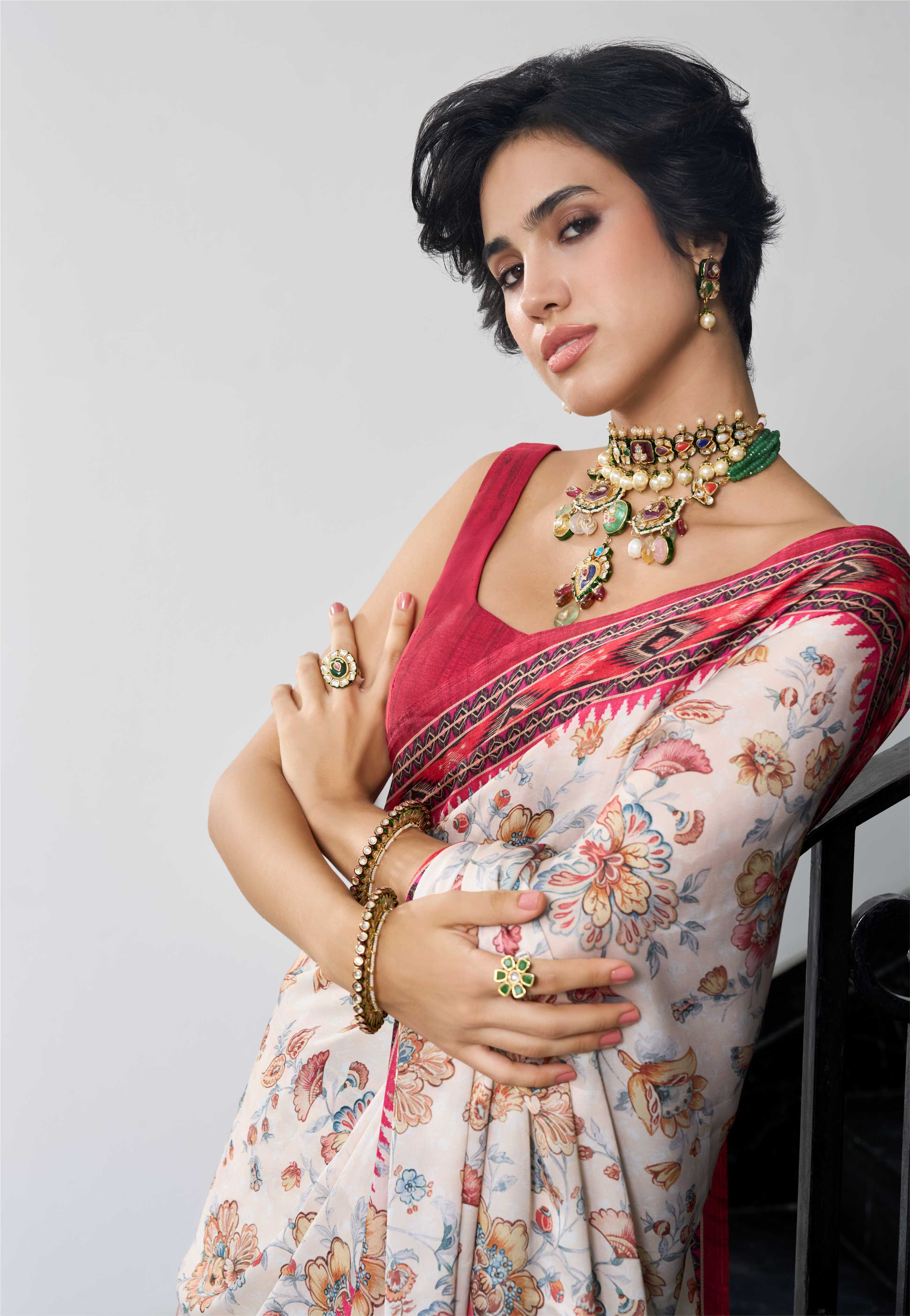 Sheen Floral Ivory Red Saree