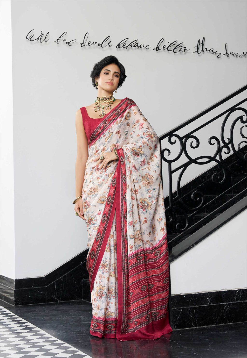 Sheen Floral Ivory Red Saree