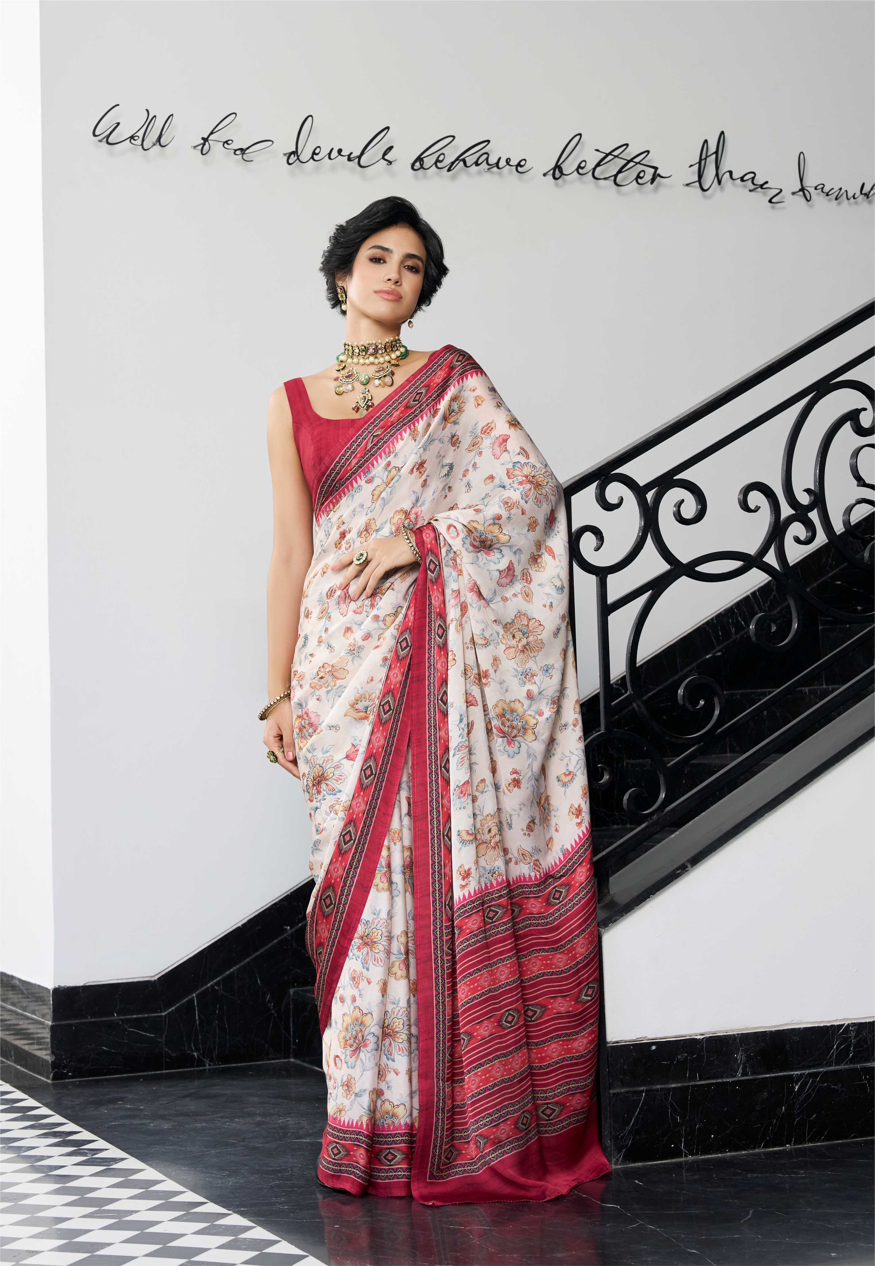 Sheen Floral Ivory Red Saree