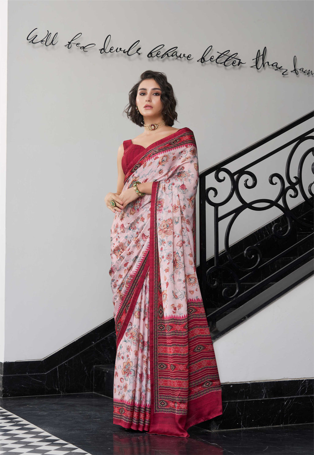 Sheen Floral Wine Red Saree