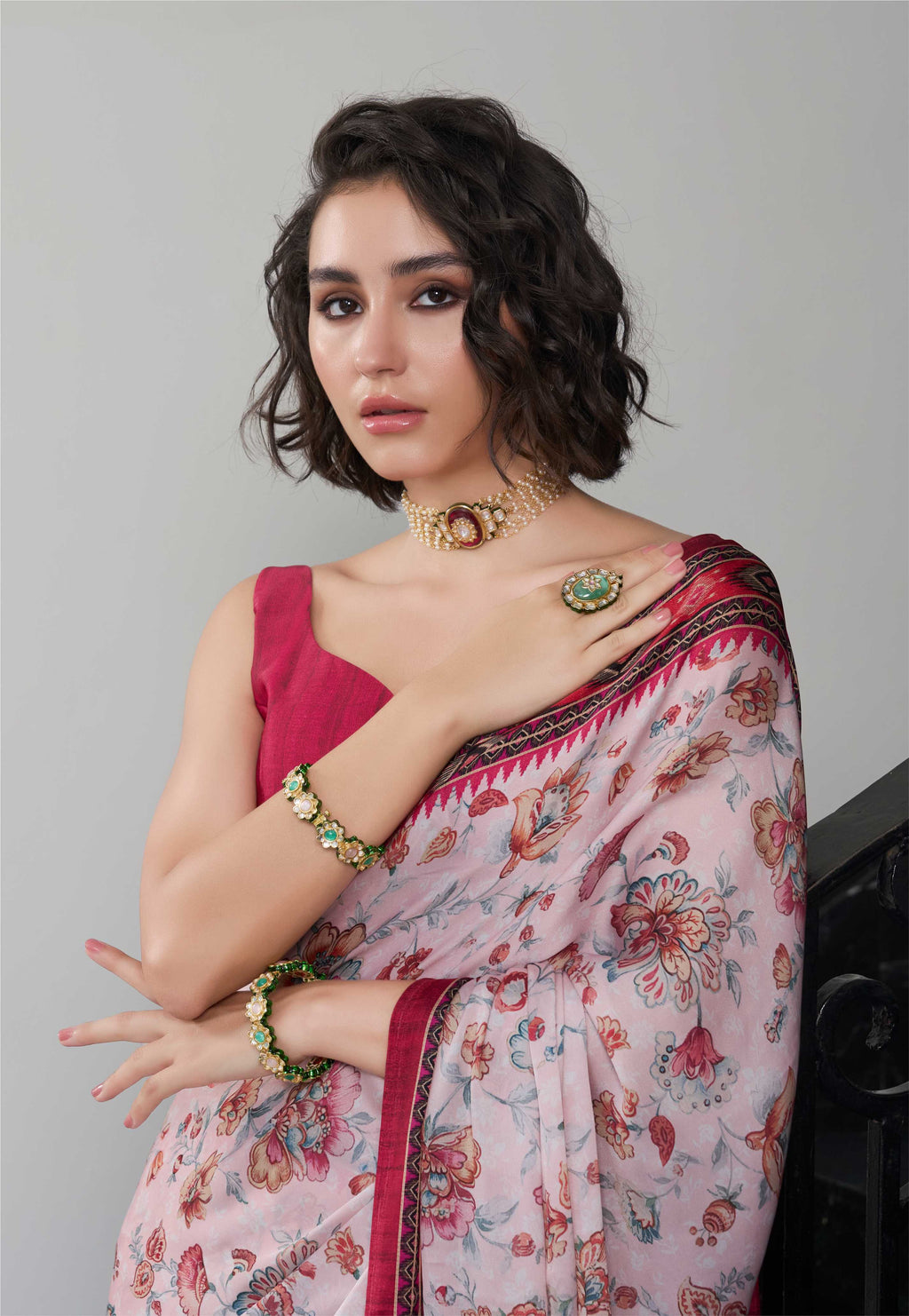 Sheen Floral Wine Red Saree