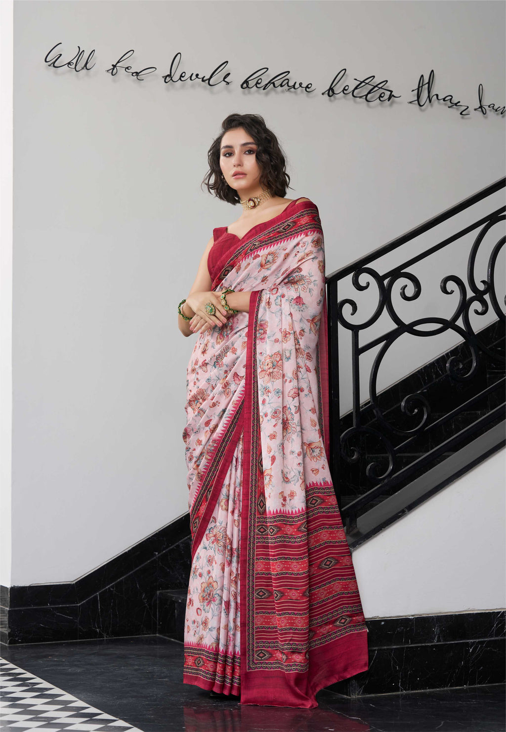 Sheen Floral Wine Red Saree