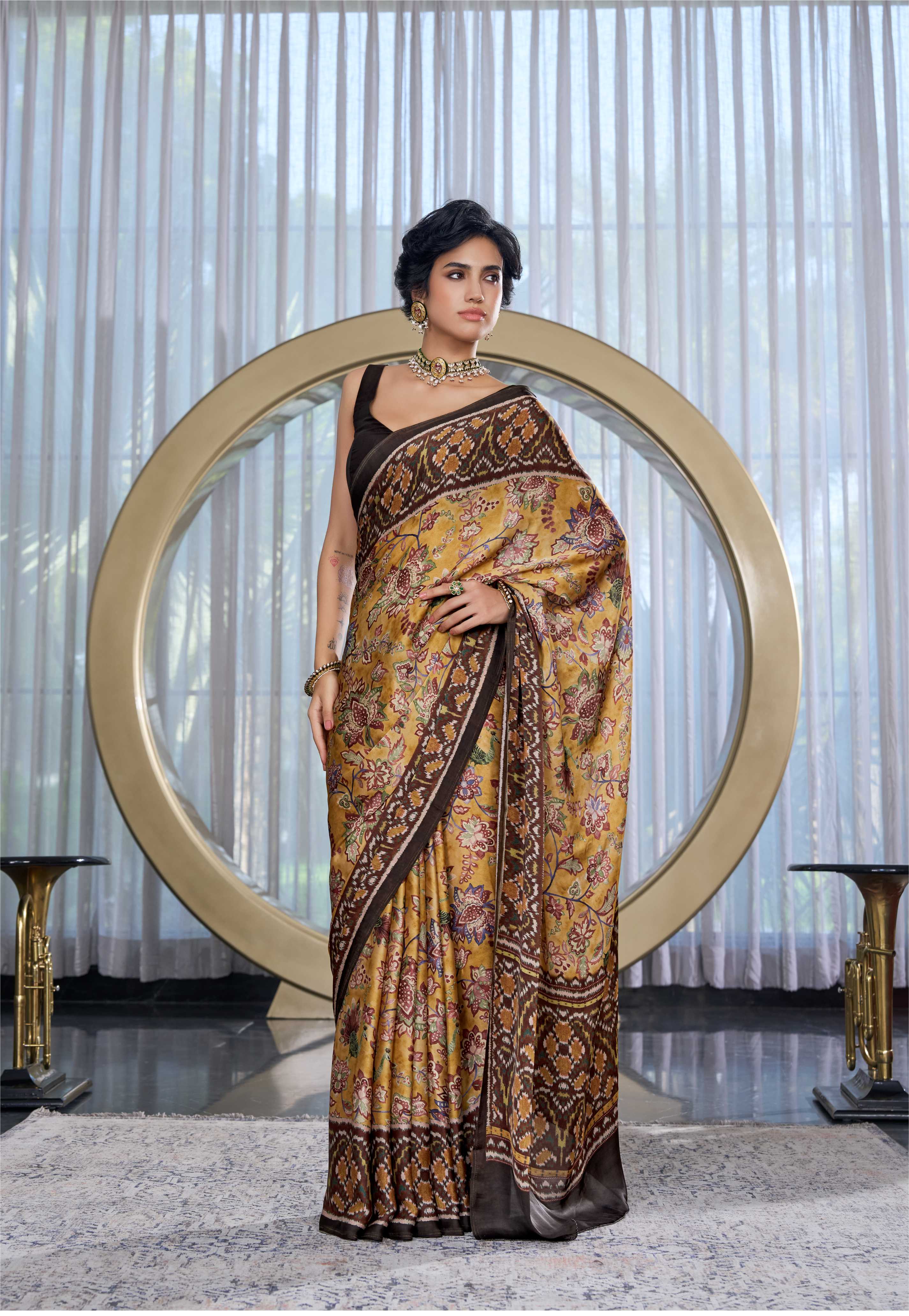 Sheen Fusion Floral Antique Gold Saree