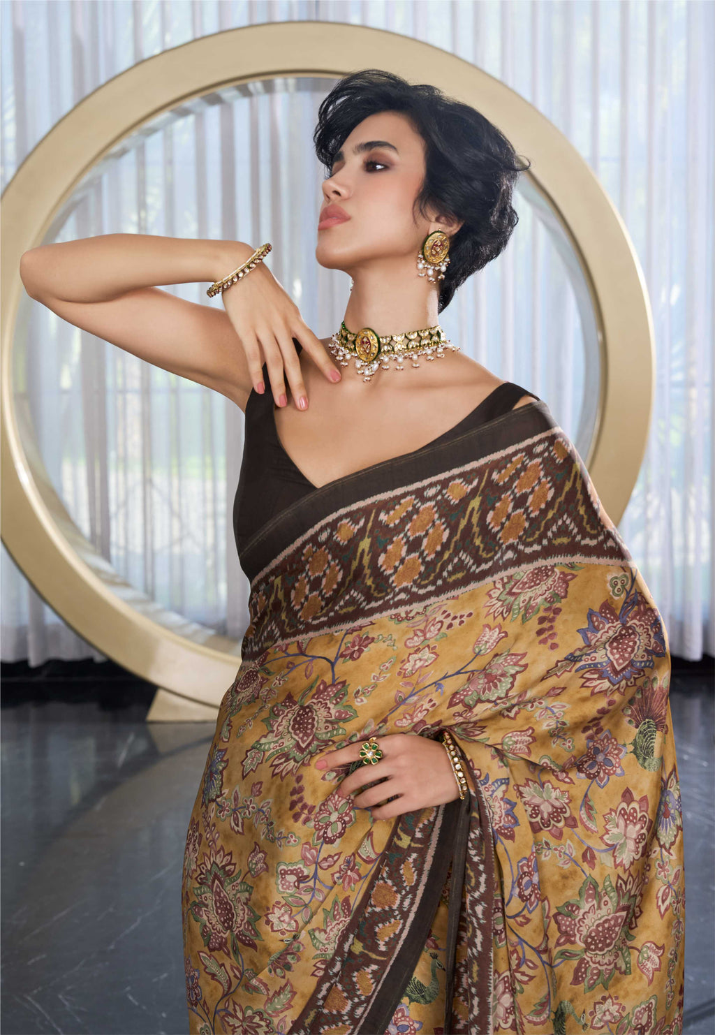 Modal Silk Fusion Floral Antique Gold Saree