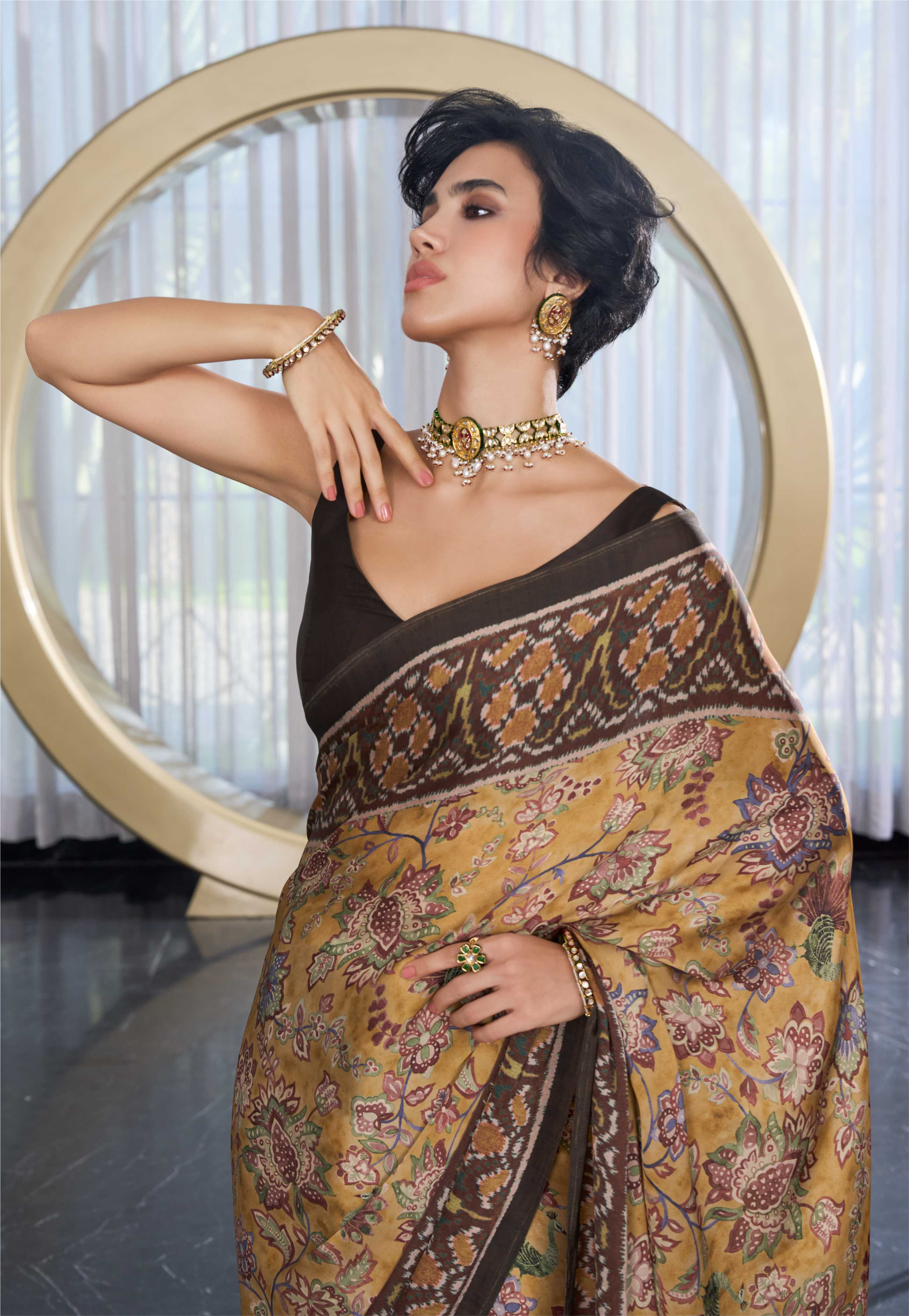 Modal Silk Fusion Floral Antique Gold Saree