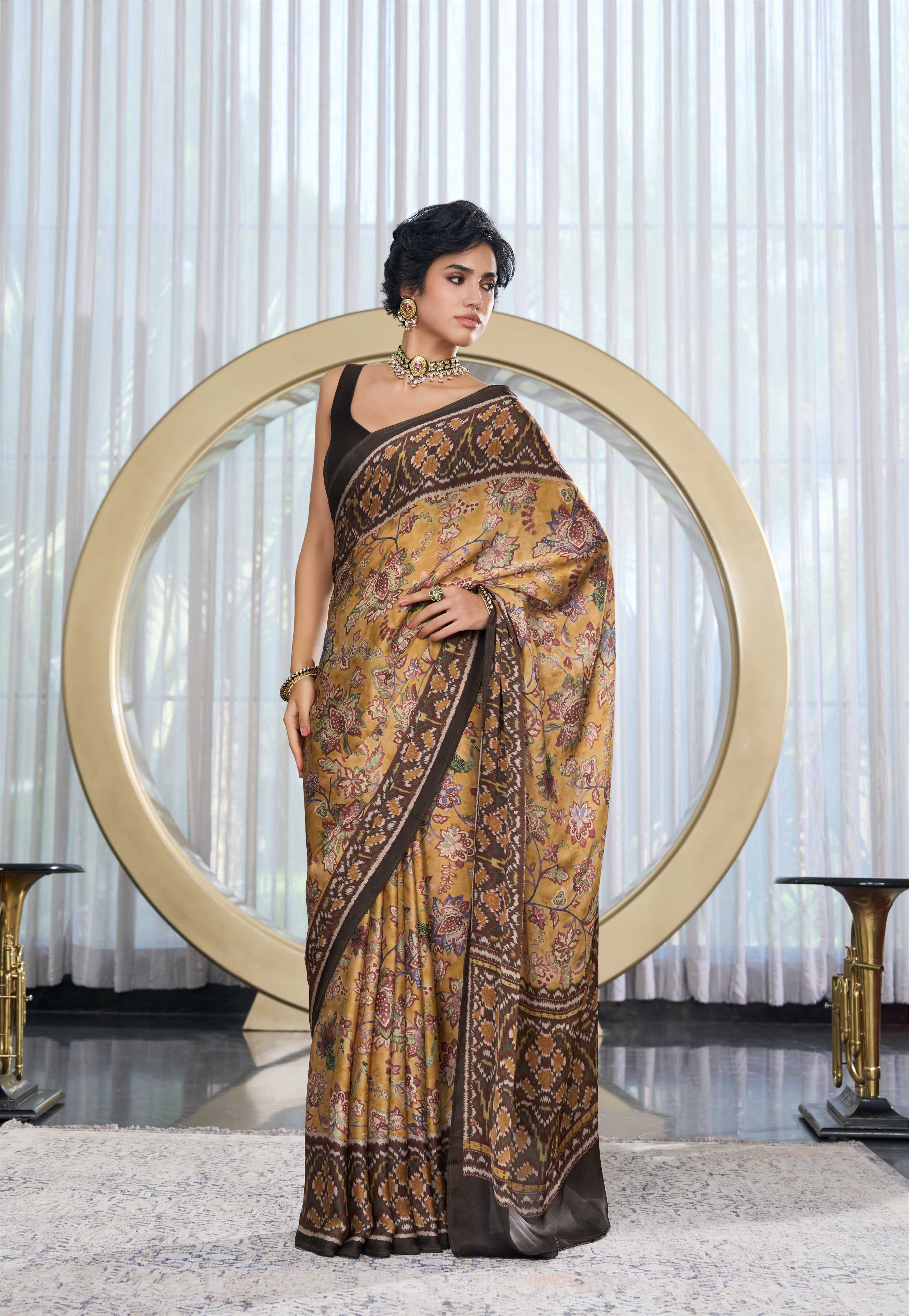 Sheen Fusion Floral Antique Gold Saree