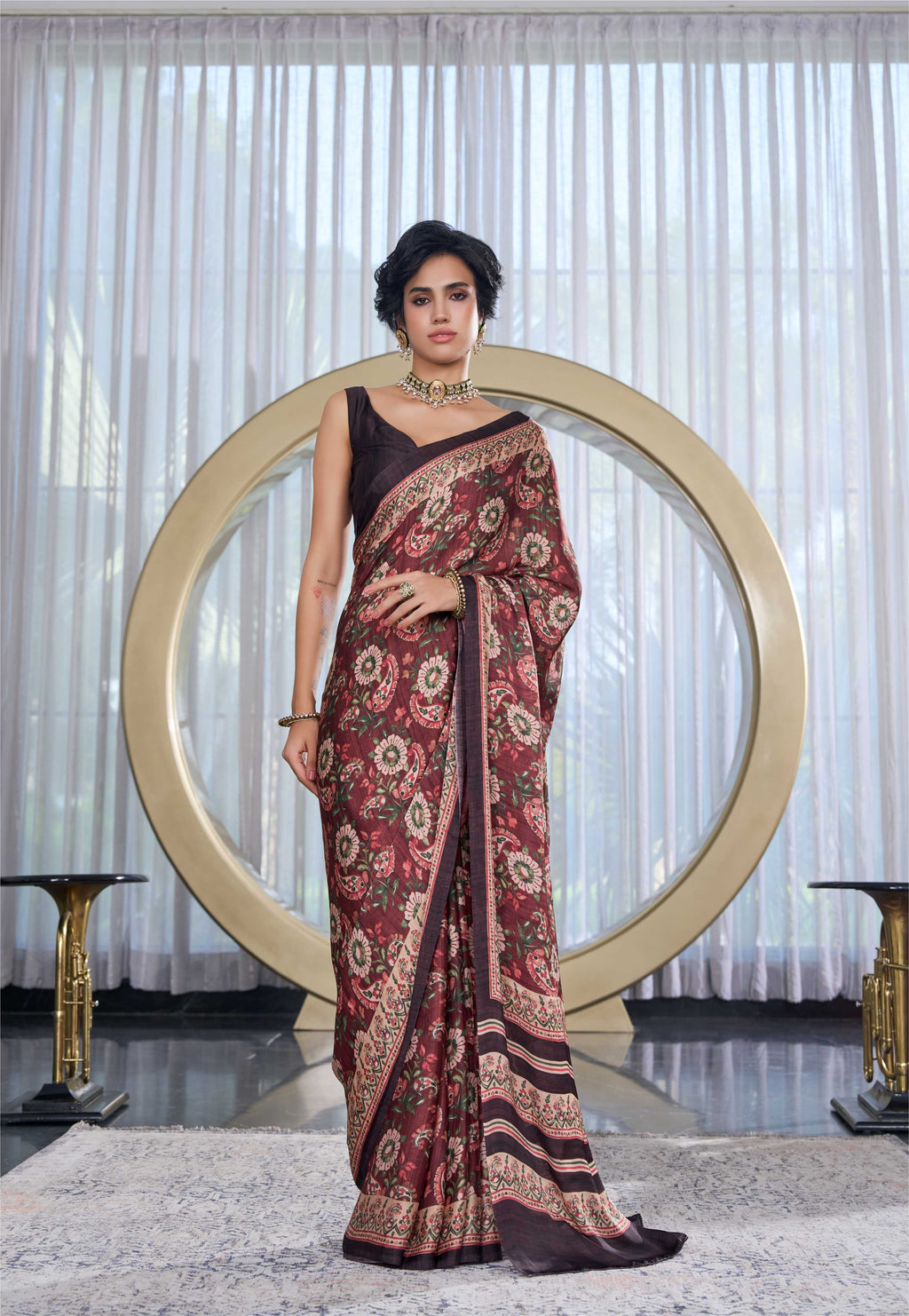 Sheen Fusion Floral Brick Red Saree