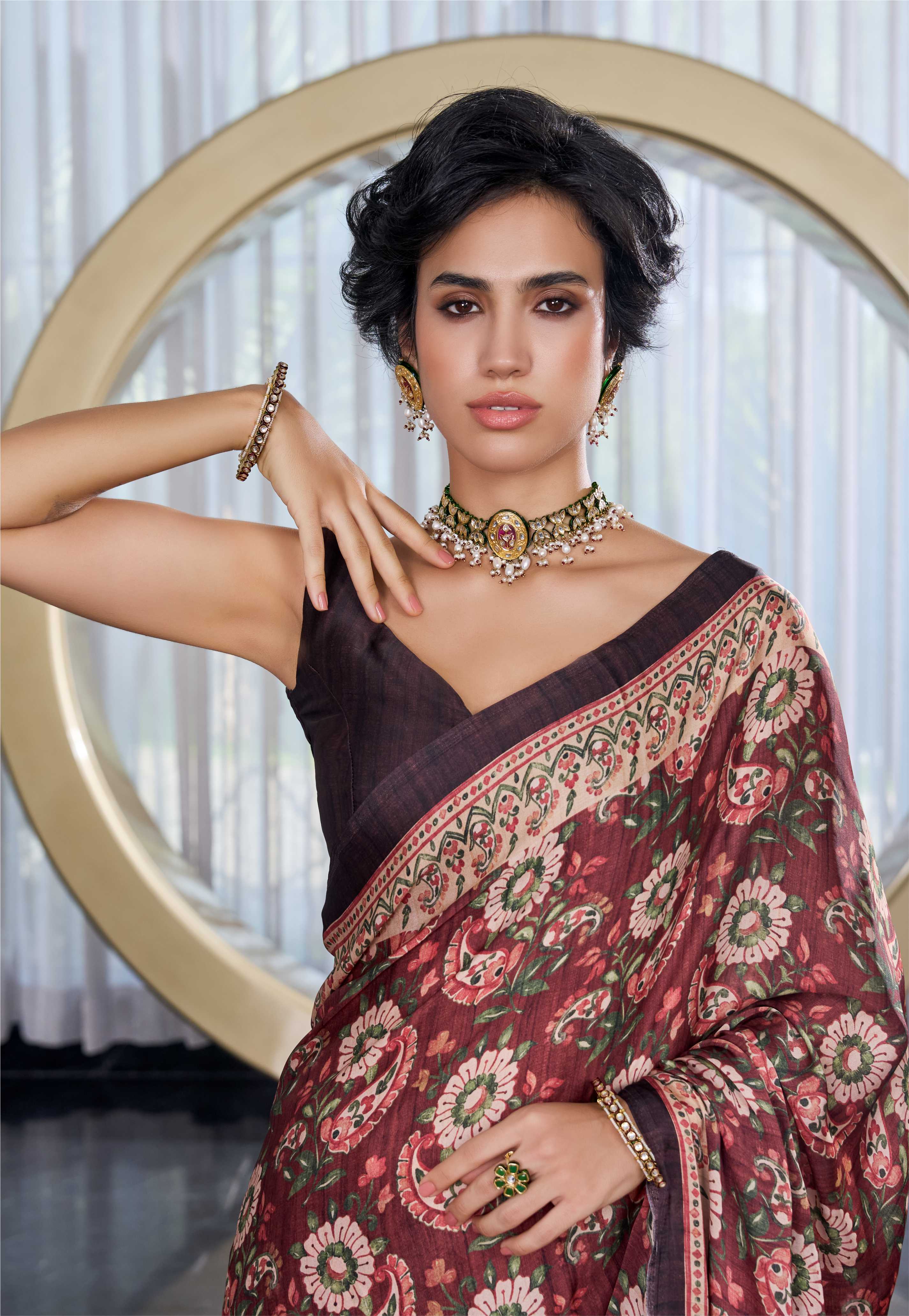 Sheen Fusion Floral Brick Red Saree