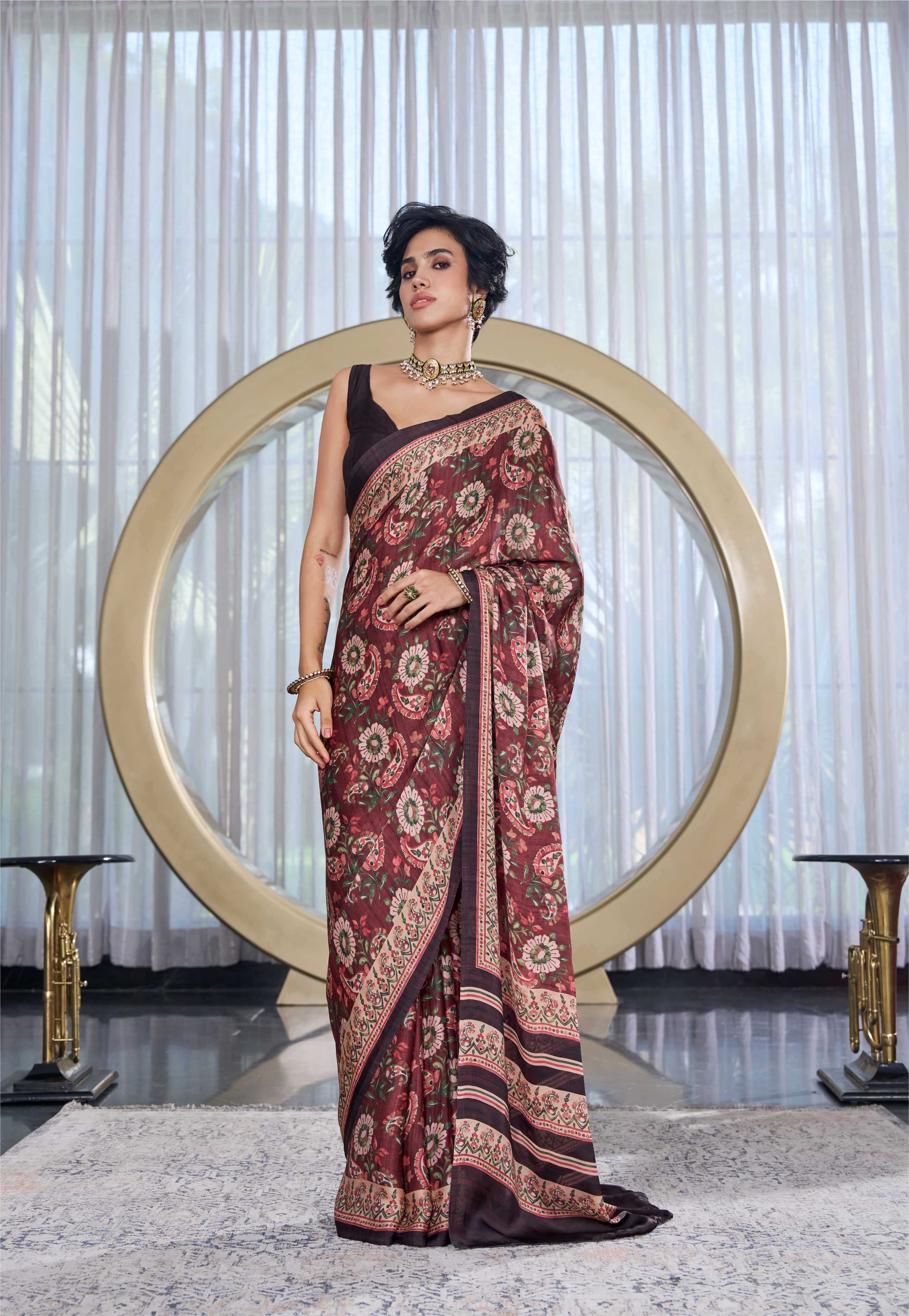 Sheen Fusion Floral Brick Red Saree