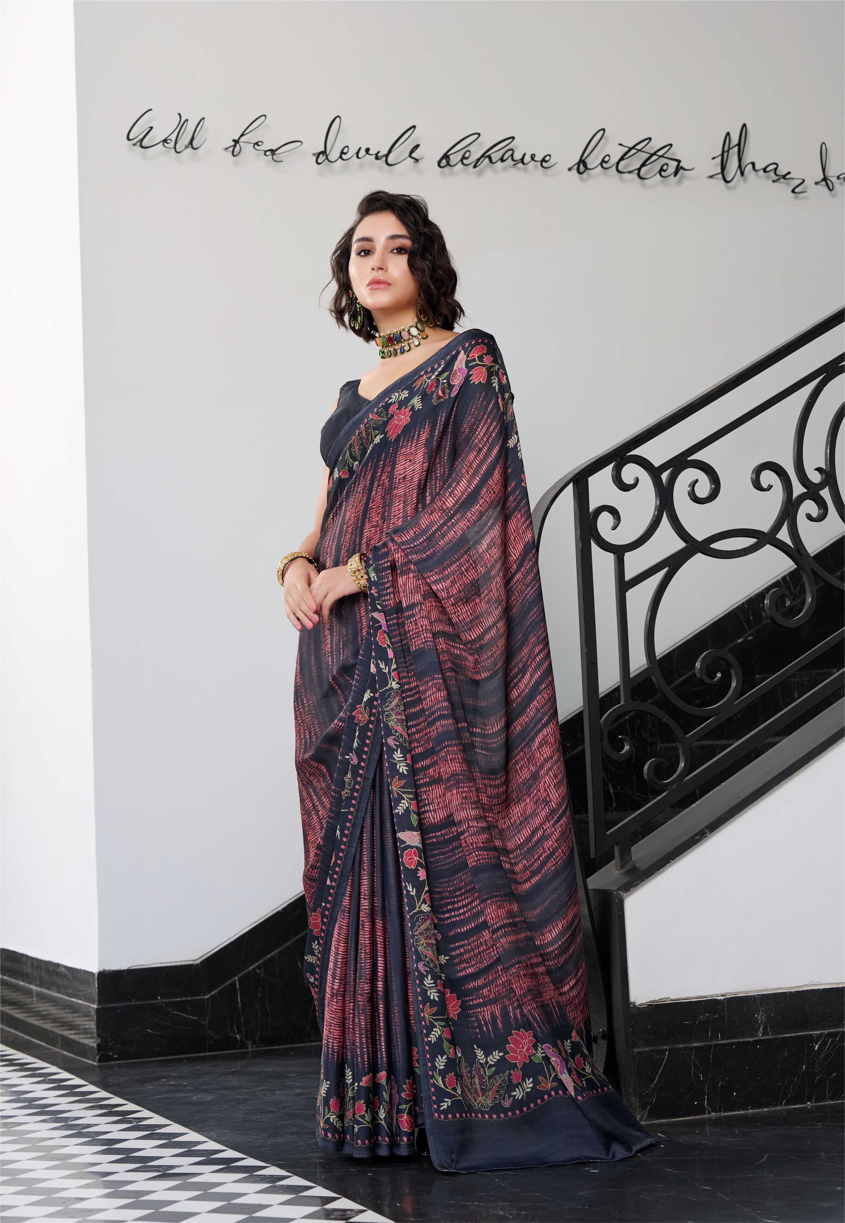 Sheen Fusion Floral Burnt Maroon Saree