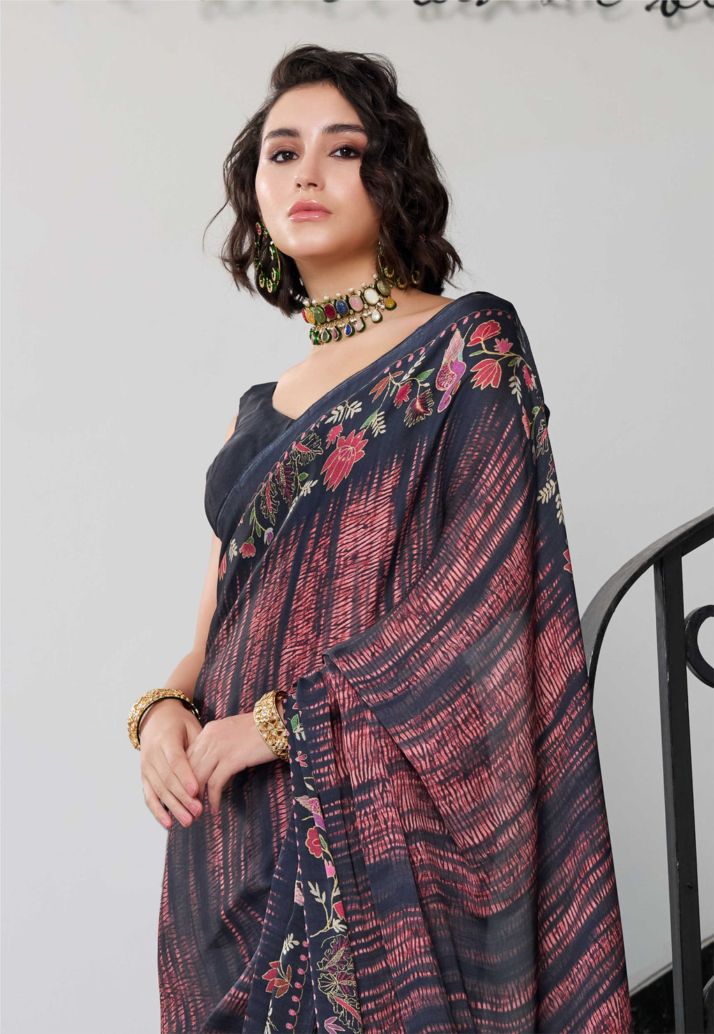 Modal Silk Fusion Floral Burnt Maroon Saree