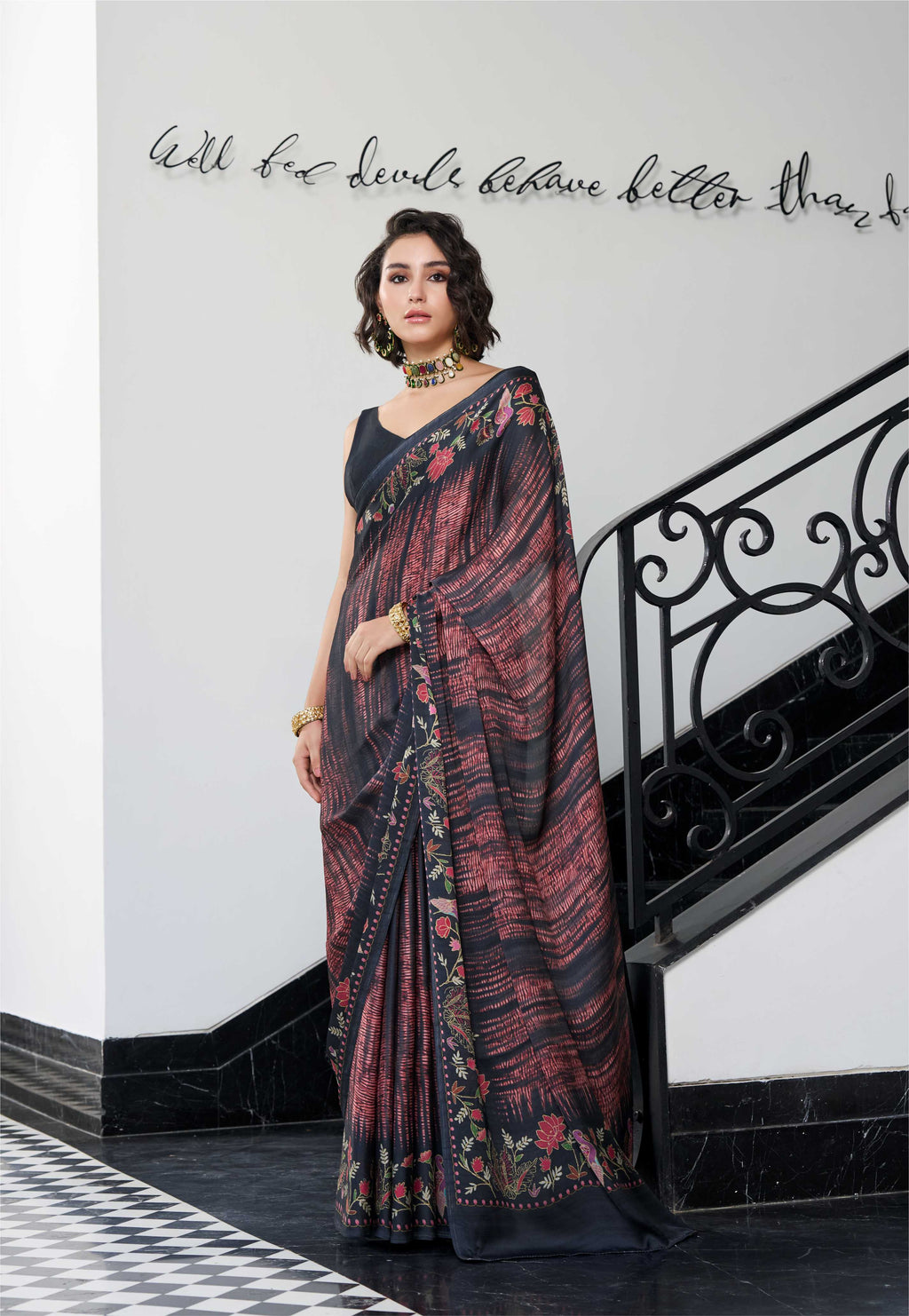 Modal Silk Fusion Floral Burnt Maroon Saree