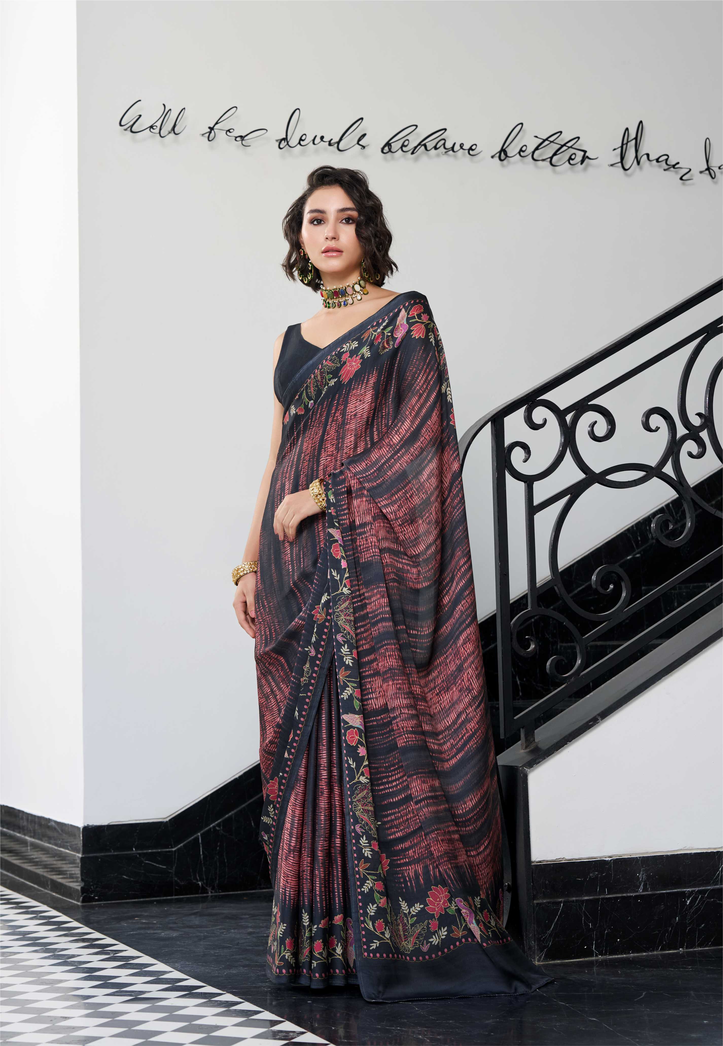 Sheen Fusion Floral Burnt Maroon Saree