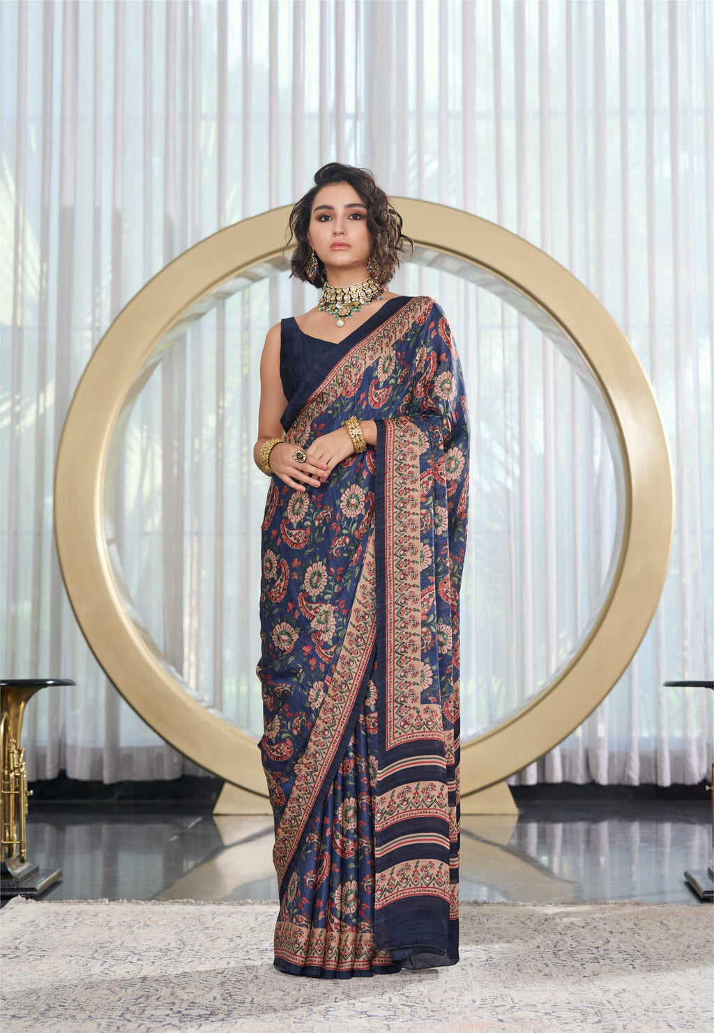Modal Silk Fusion Floral Indigo Blue Saree