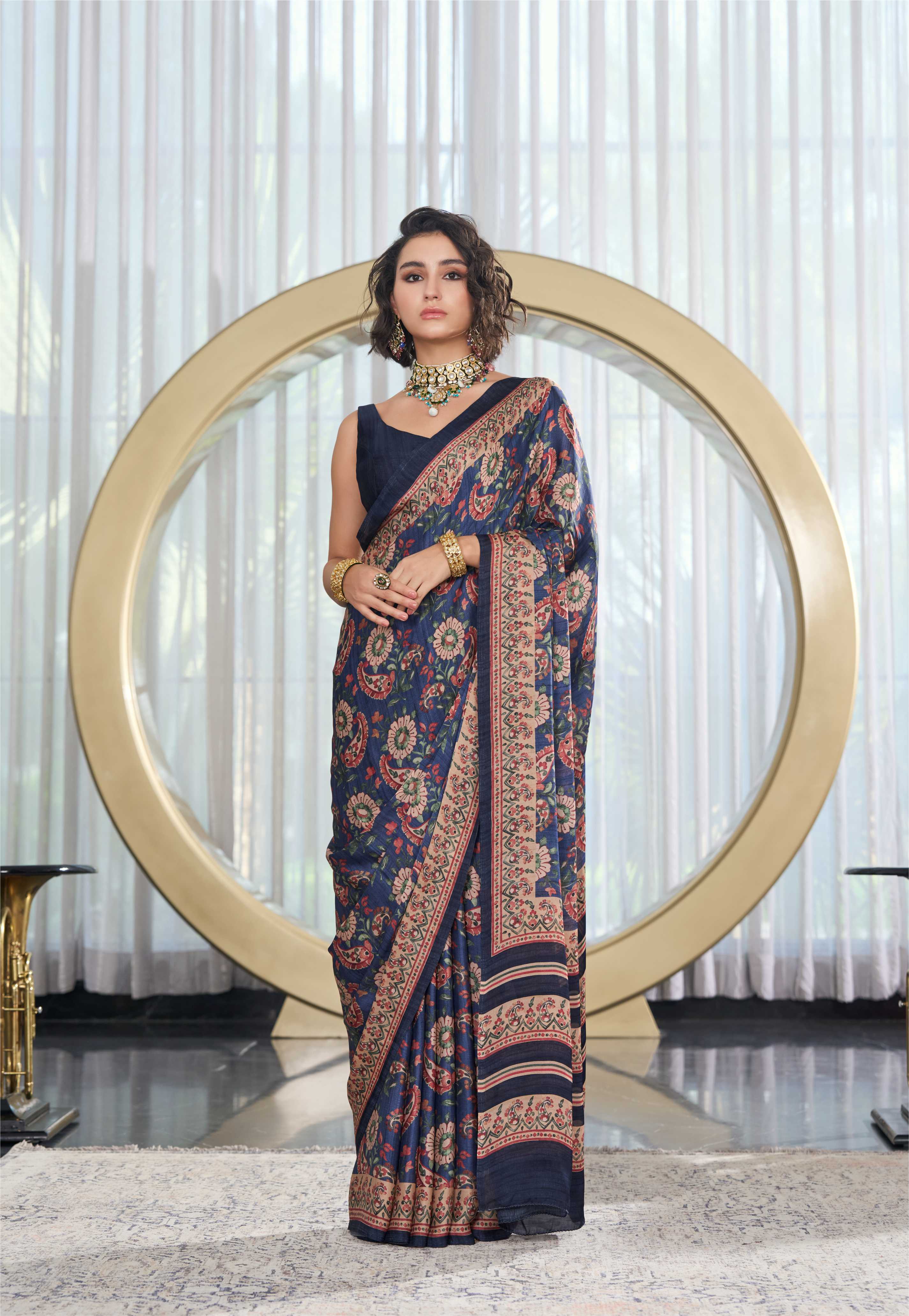 Sheen Fusion Floral Indigo Blue Saree