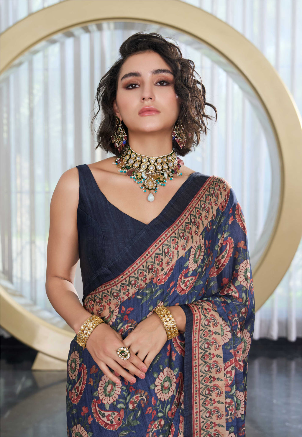 Modal Silk Fusion Floral Indigo Blue Saree