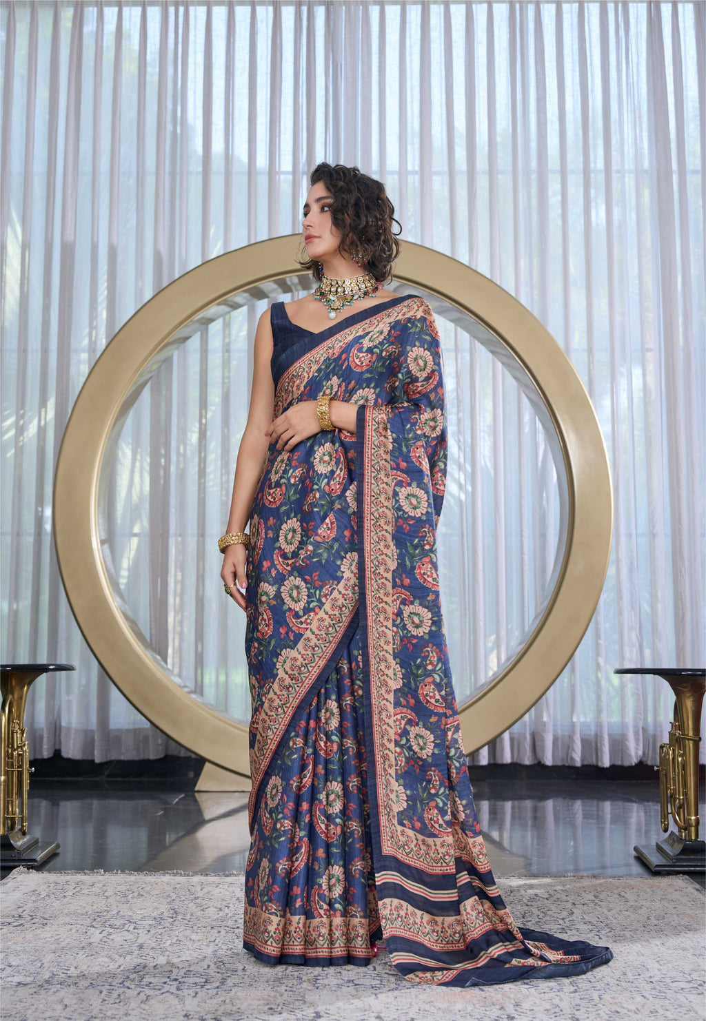 Modal Silk Fusion Floral Indigo Blue Saree