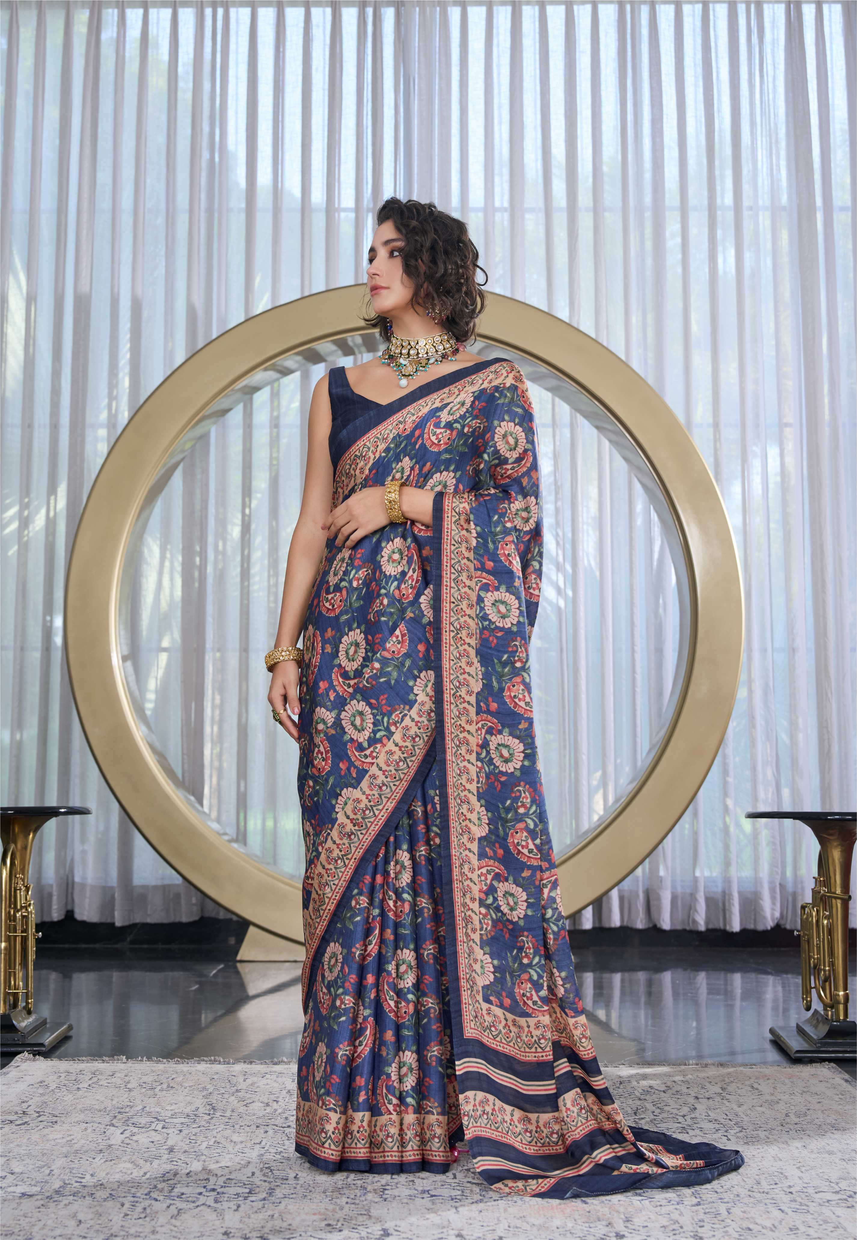 Sheen Fusion Floral Indigo Blue Saree
