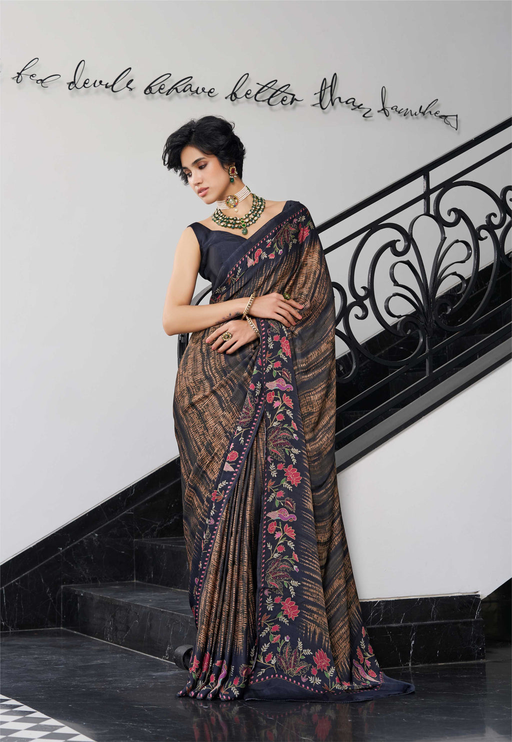 Modal Silk Fusion Floral Olive Brown Saree