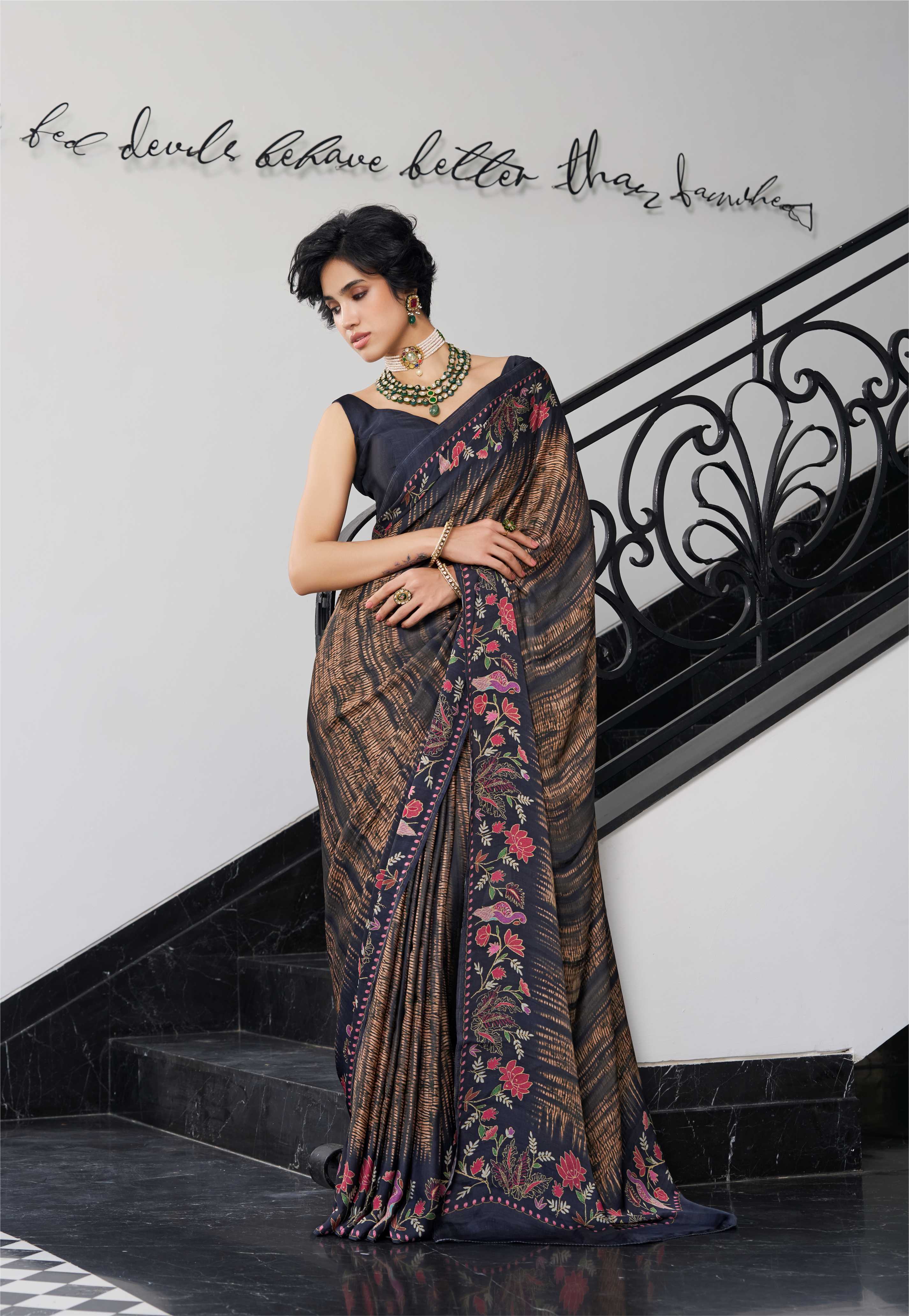 Sheen Fusion Floral Olive Brown Saree