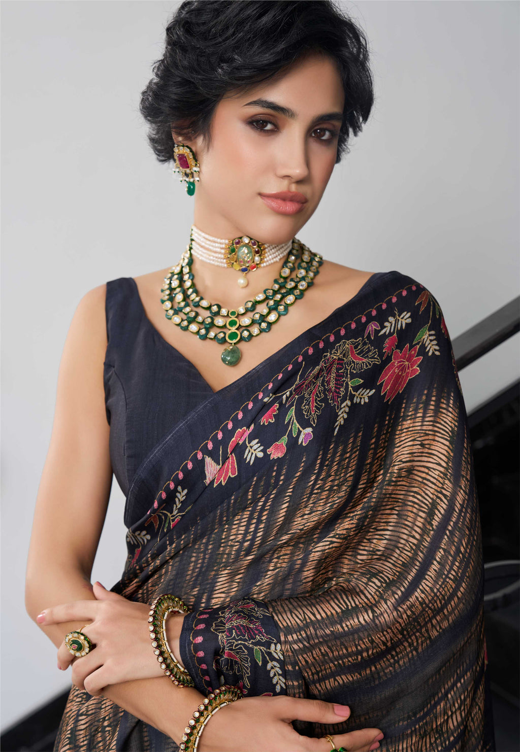Modal Silk Fusion Floral Olive Brown Saree