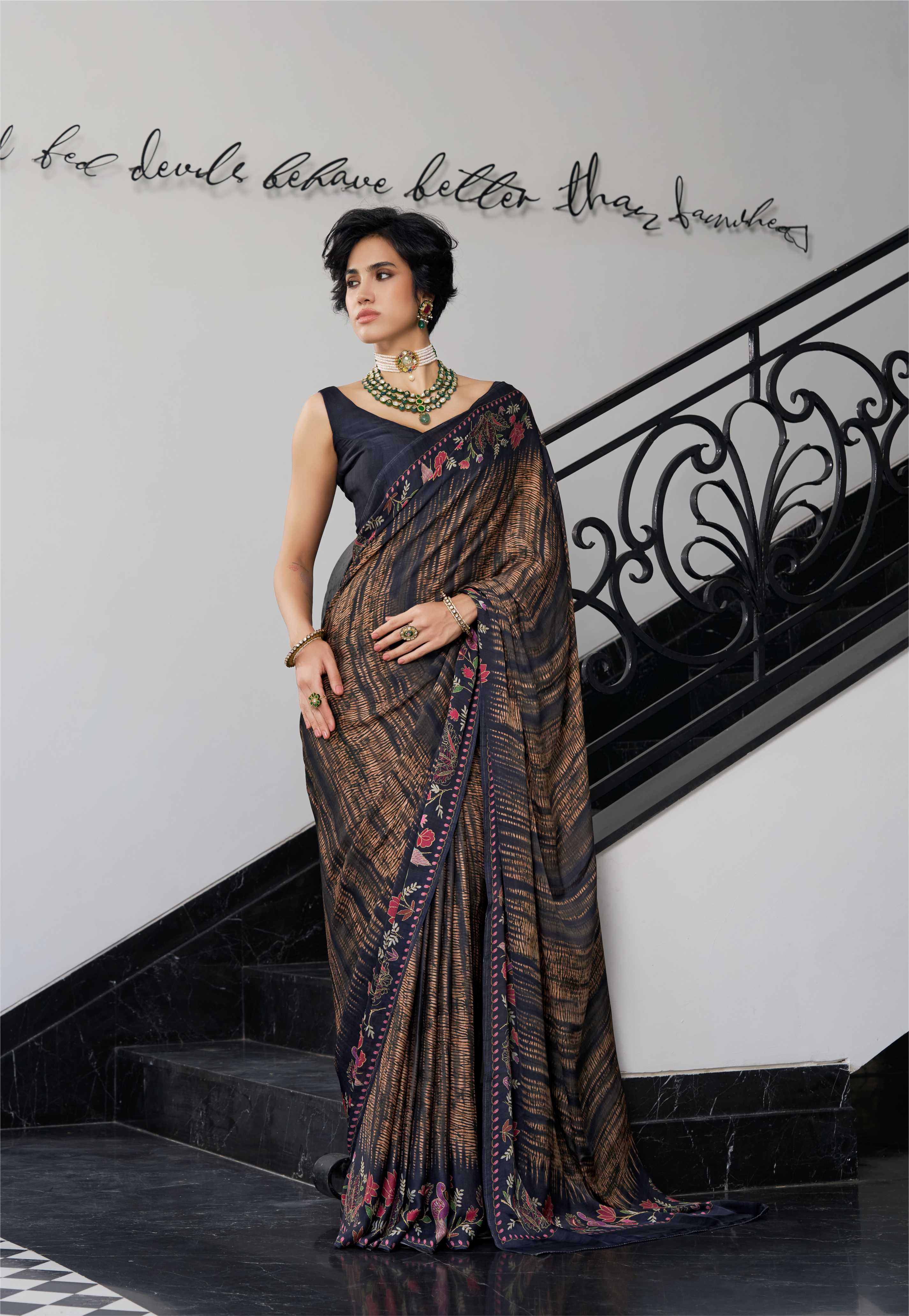 Sheen Fusion Floral Olive Brown Saree