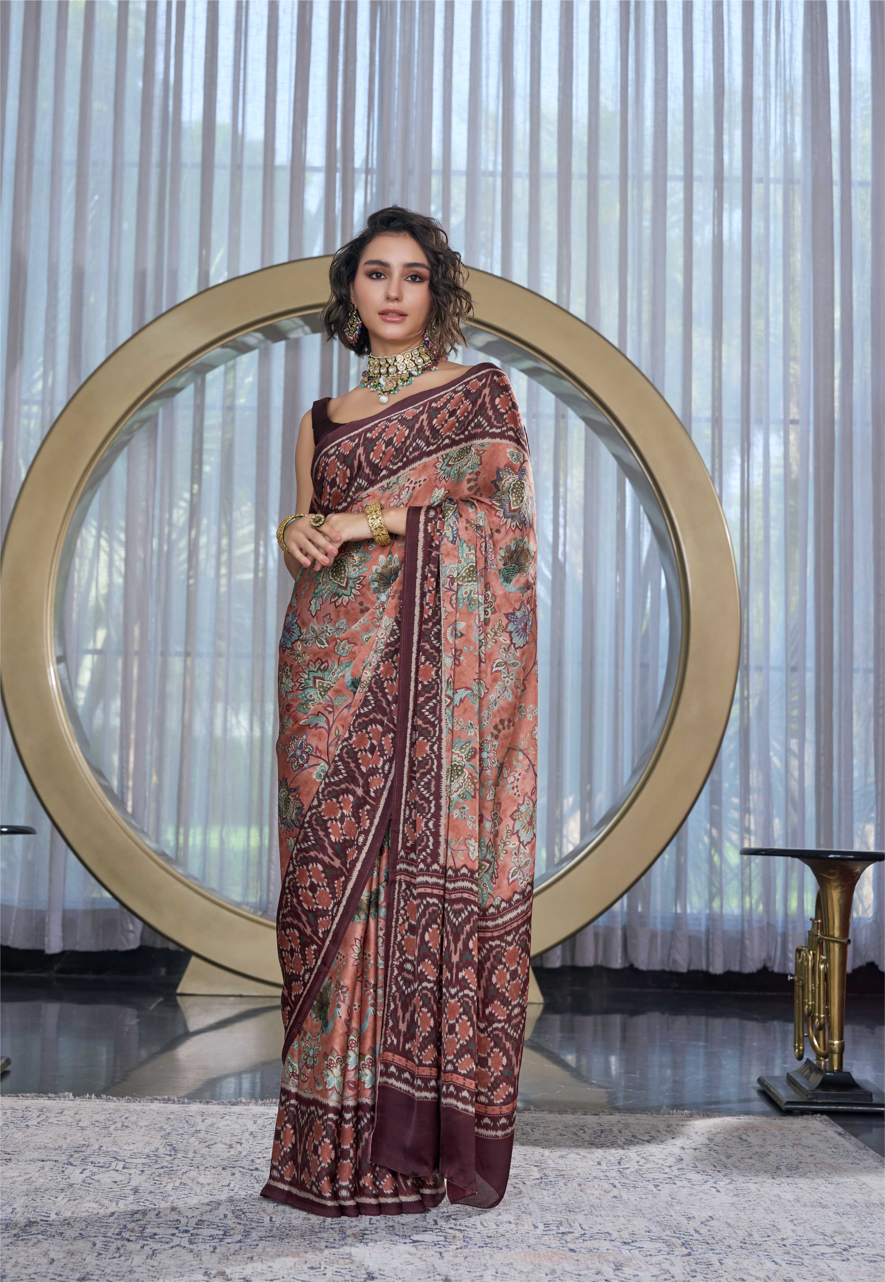 Sheen Fusion Floral Sand Brown Saree