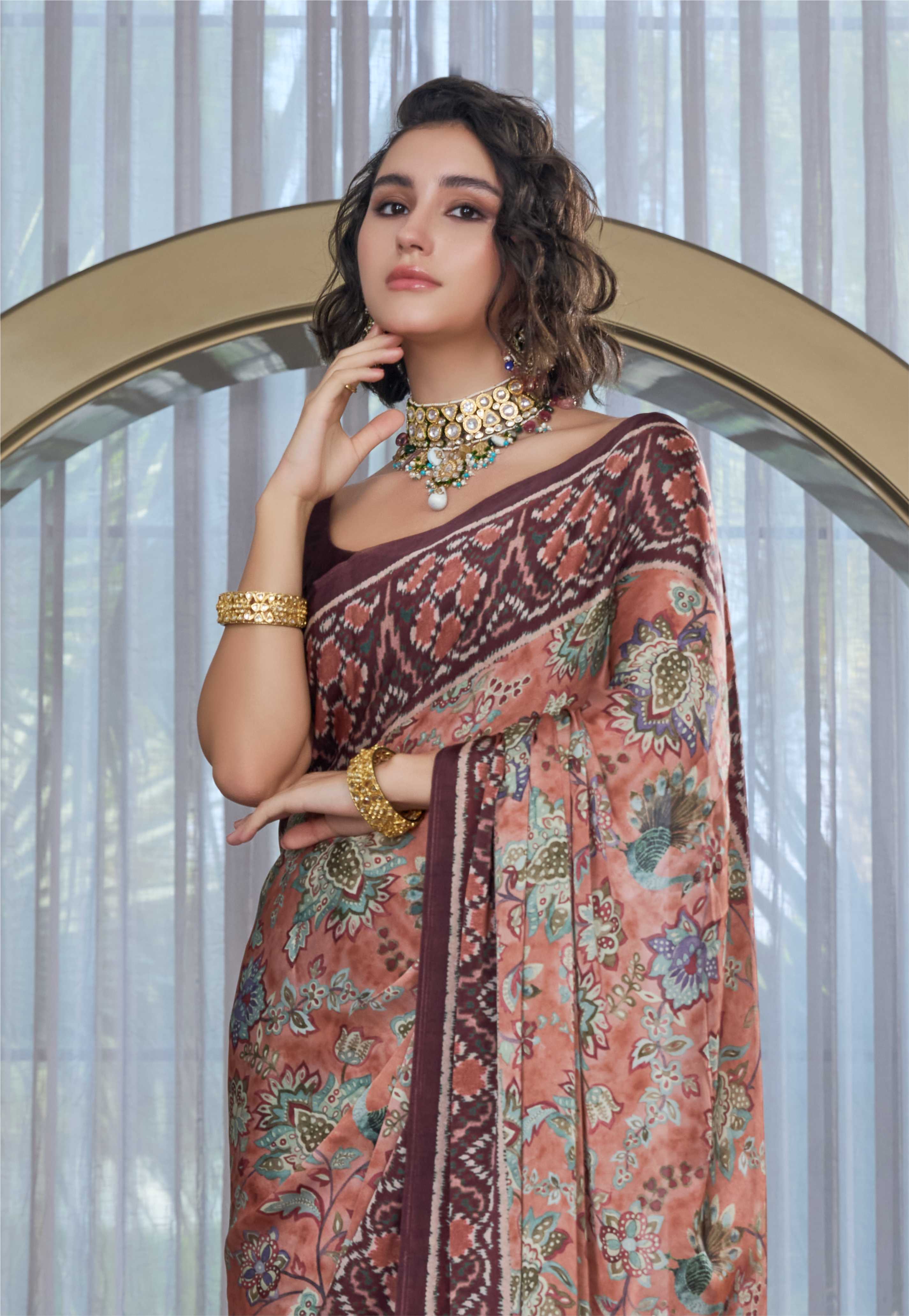 Modal Silk Fusion Floral Sand Brown Saree
