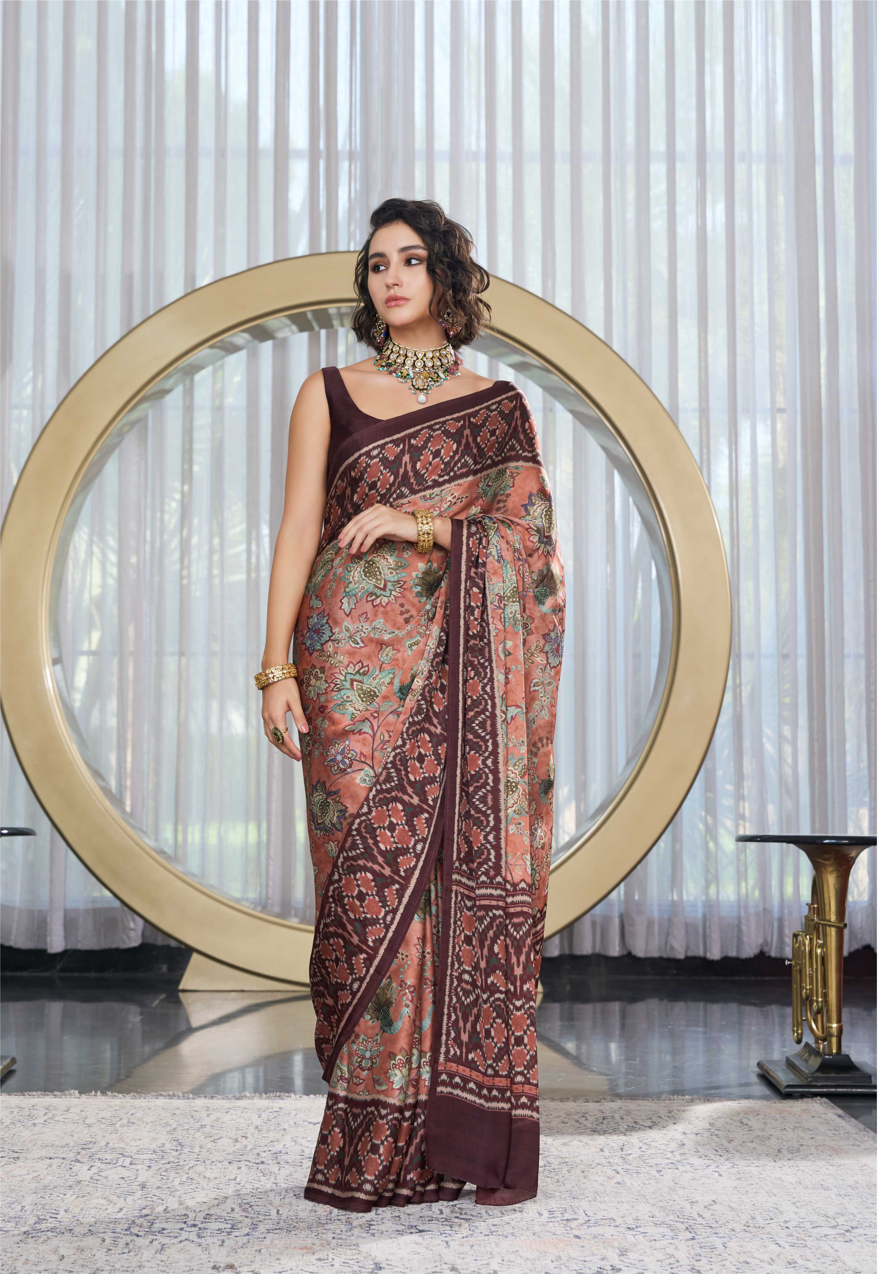 Sheen Fusion Floral Sand Brown Saree
