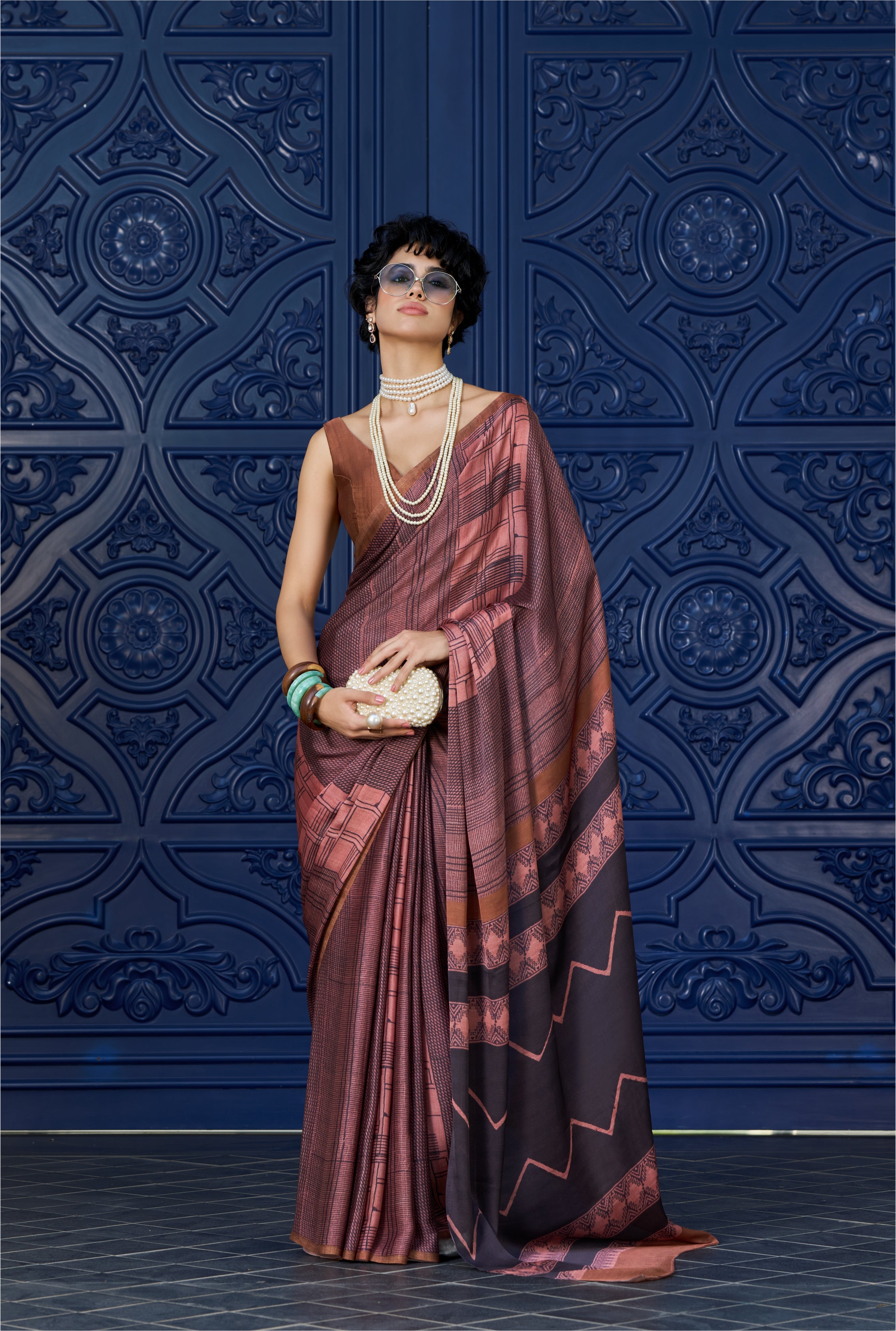 Sheen Geometric Copper Brown Saree